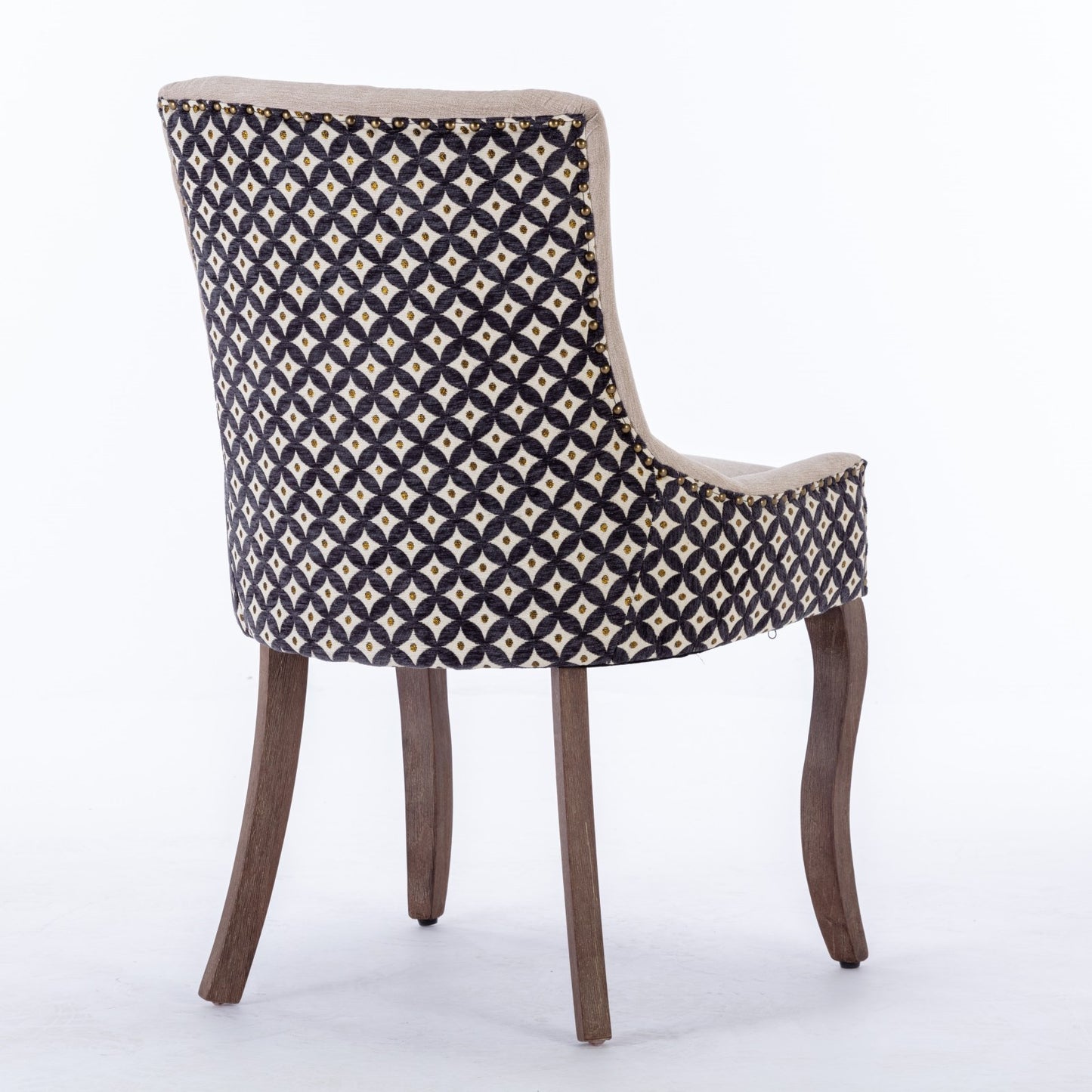 Ultra Side Dining Chairs Set of 2 Beige Thick Fabric with Solid Wood Legs and Bronze Nail Head