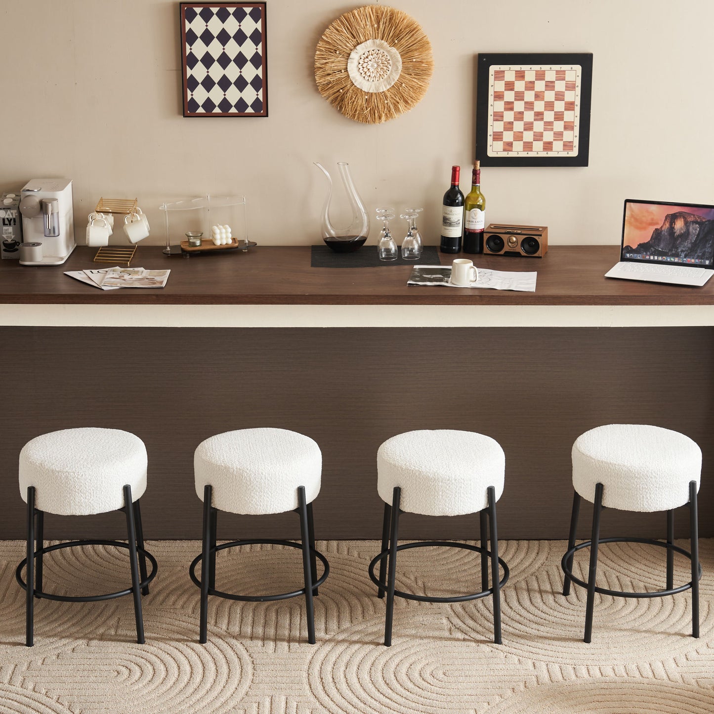 Set of 2 24 Inch Tall Round Upholstered Bar Stools for Kitchen and Coffee Shops Contemporary Design