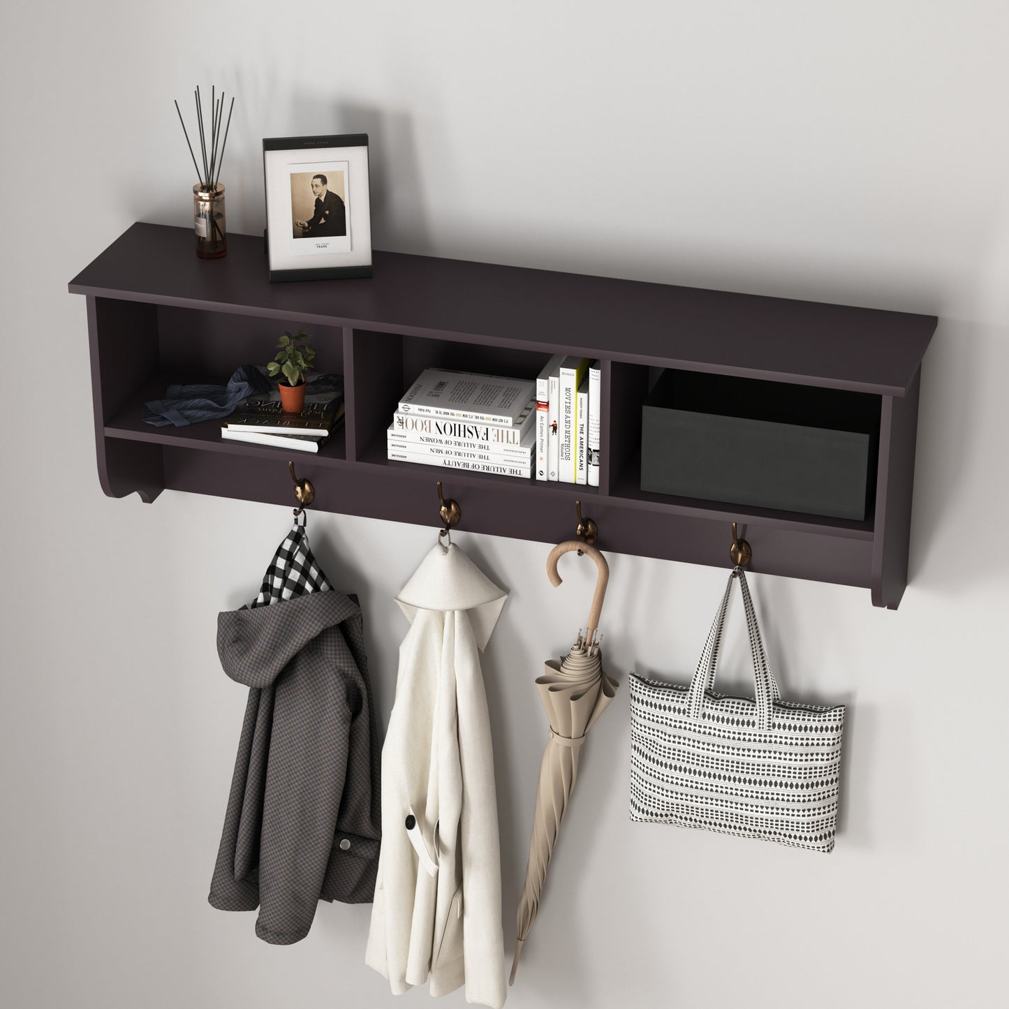 Espresso Wall Mounted Coat Rack with 4 Dual Hooks & Wooden Storage Shelf for Entryway & Living Room