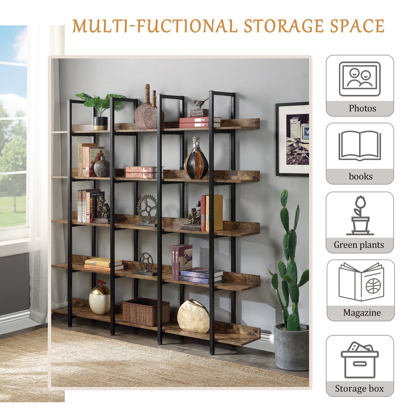 5 Tier Open Bookshelf Vintage Industrial Style Metal Frame MDF Board Home Office Storage Shelf