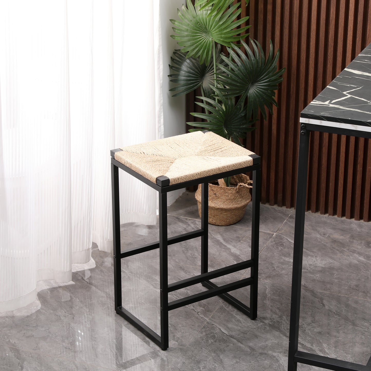 Set of 2 Backless Bar Stools Kitchen Counter Paper Rope Woven Dining Chairs Home Kitchen Furniture