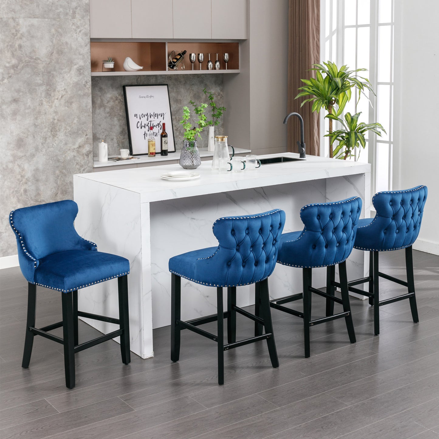 Contemporary Blue Velvet Wing-Back Barstools with Tufted Design and Wooden Legs Set of 2