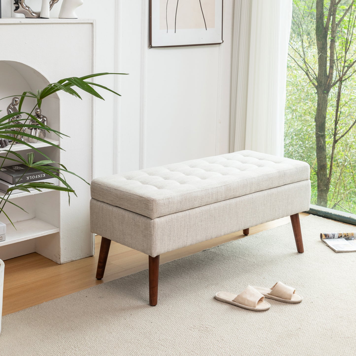 Off White Storage Bench for Bedroom or Entryway 43.7 Inch Ottoman Foot of Bed Seating Solution