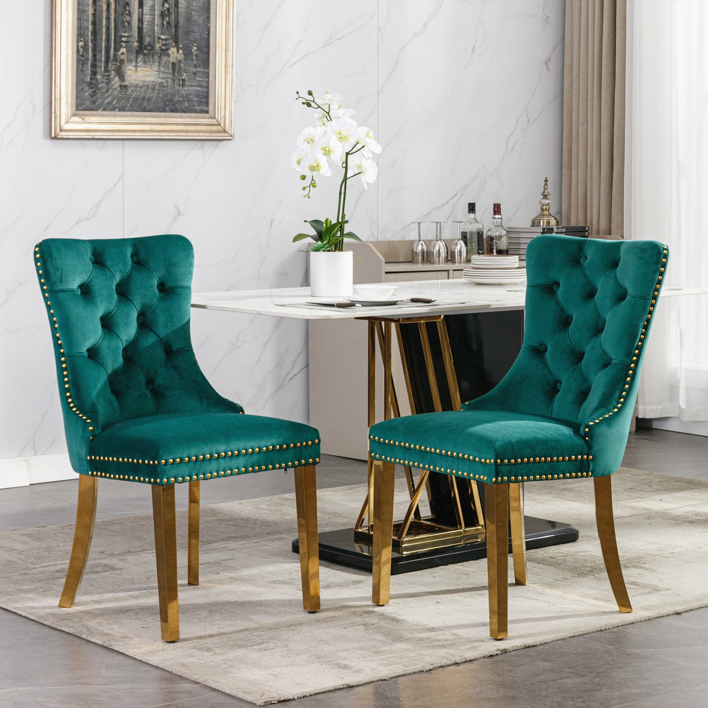 Modern Velvet Upholstered Dining Chairs Set of 2 with Gold Stainless Steel Legs and Nailhead Trim Black and Gold