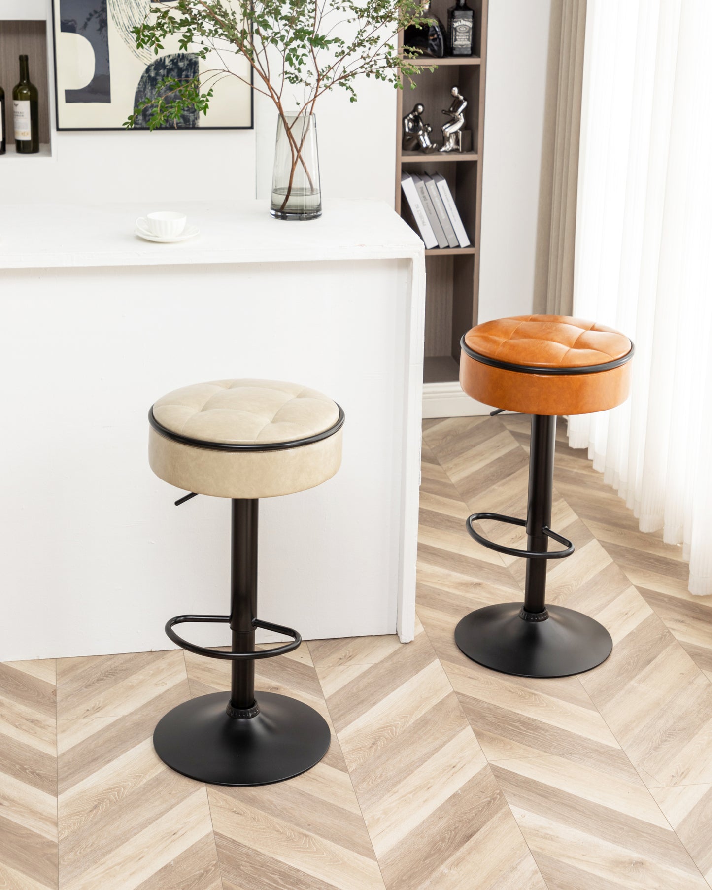 Khaki Faux Leather Adjustable Bar Stool Set of 2 360° Swivel Armless Counter Chairs with Metal Frame for Kitchen Dining Living Room