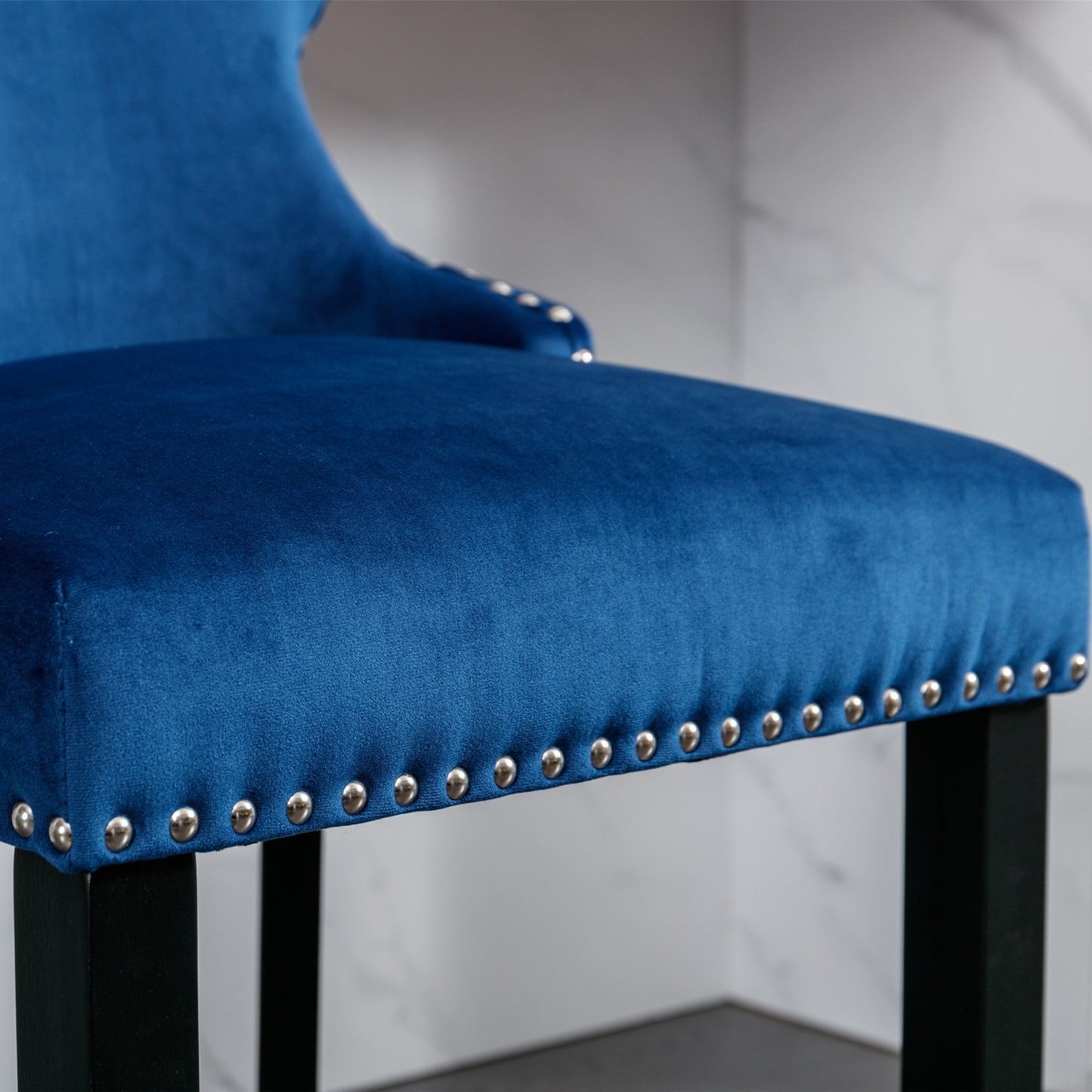 Contemporary Blue Velvet Wing-Back Barstools with Tufted Design and Wooden Legs Set of 2