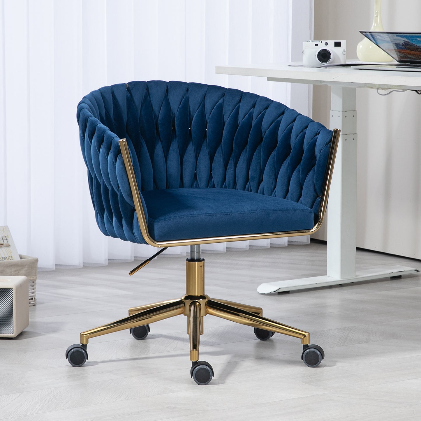Modern Hand Woven Office Chair with Wheels Height Adjustable 360 degree Swivel Vanity Chair for Bedroom Living Room Blue