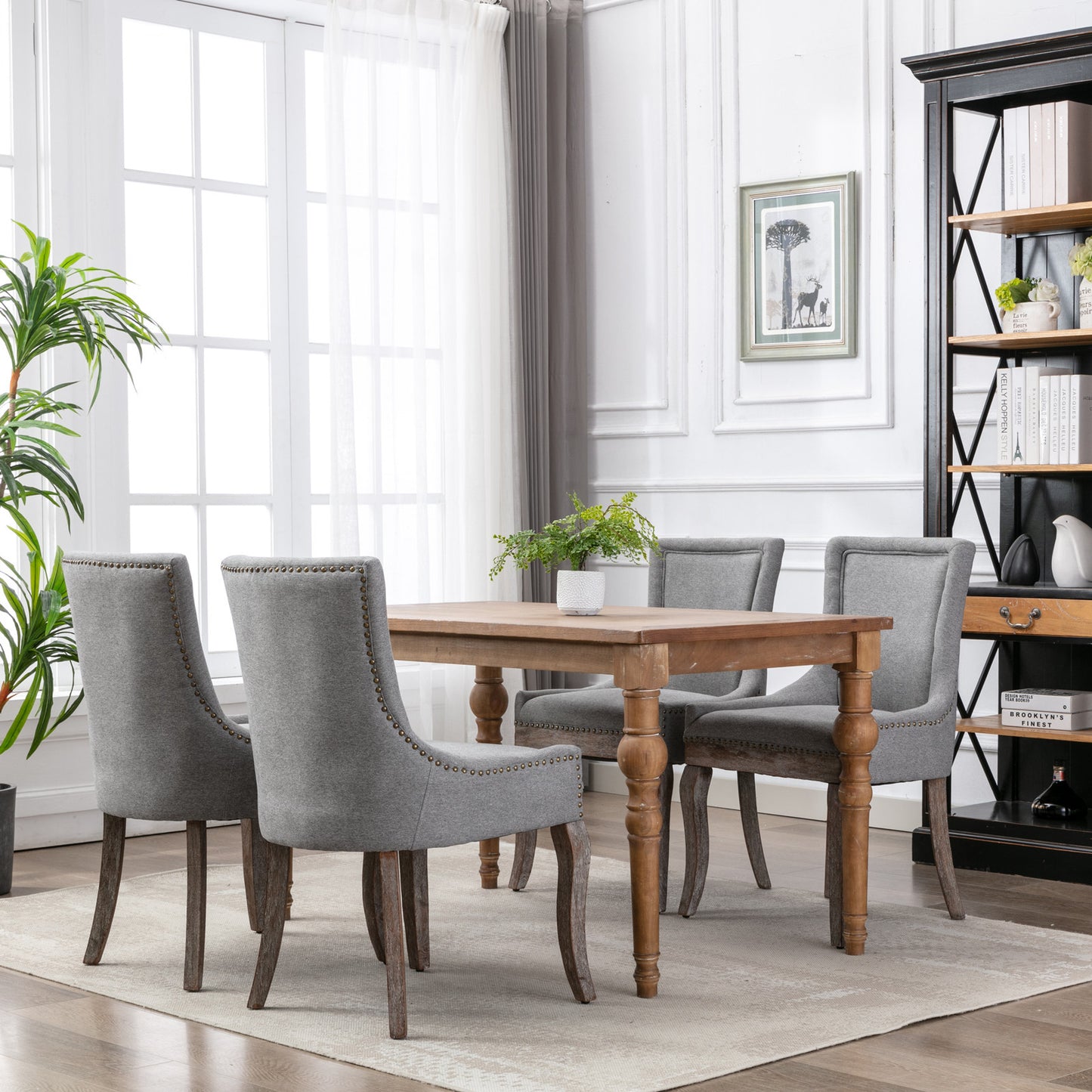 Ultra Side Dining Chair,Thickened fabric chairs with neutrally toned solid wood legs, Bronze nail head,Set of 2,Gray