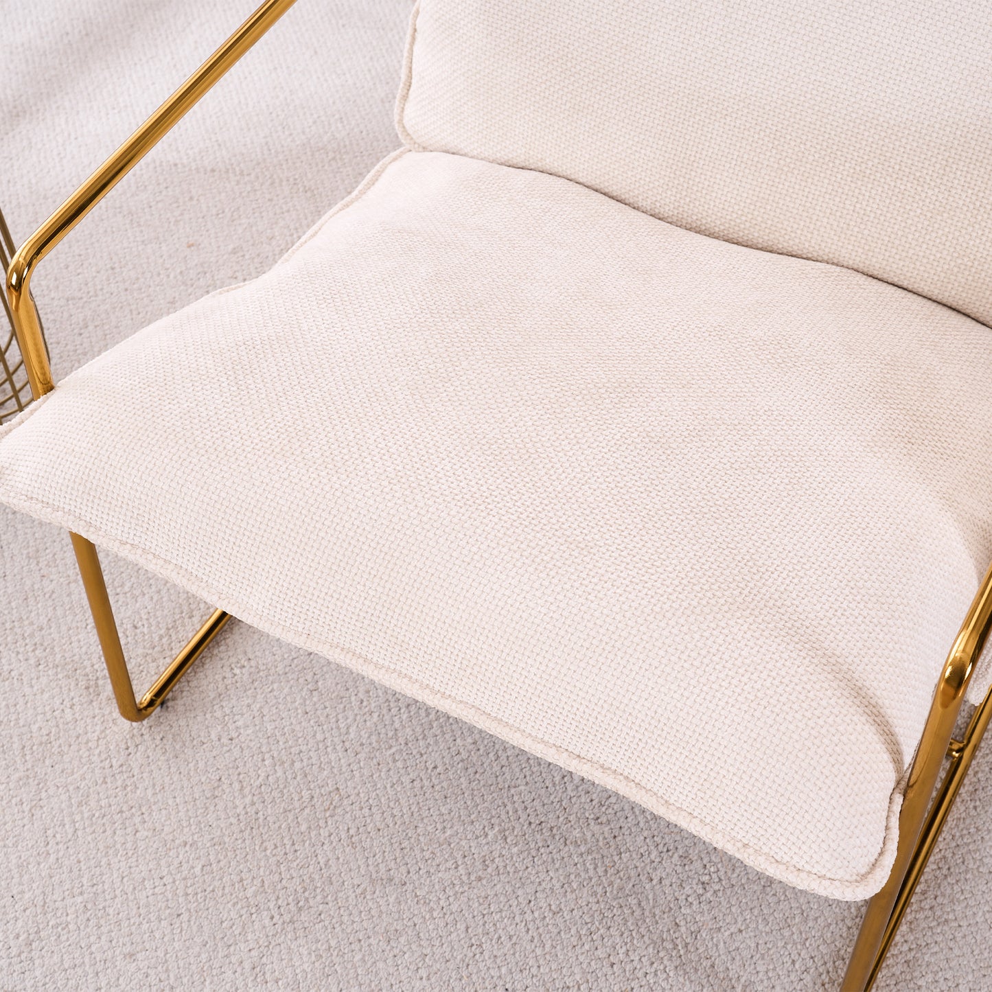 Beige Upholstered Hanging Armchair with Arm Pockets Metal Frame Gold-Plated Cushions for Living Room Bedroom