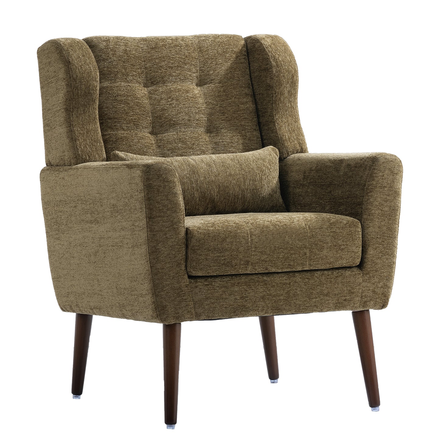 Olive Green Chenille Accent Chair for Living Room Modern Upholstered Armchair with Pillow and Solid Wood Legs
