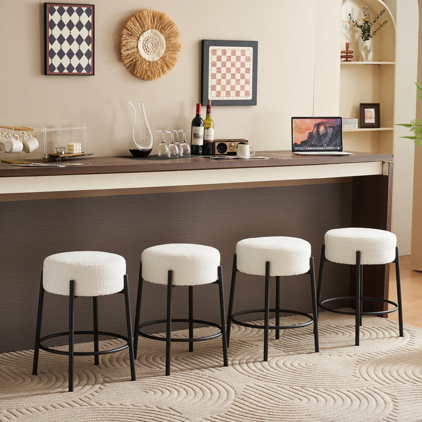 Set of 2 24 Inch Tall Round Upholstered Bar Stools for Kitchen and Coffee Shops Contemporary Design