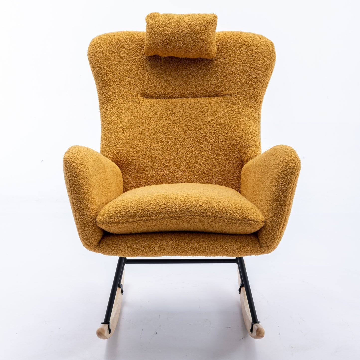 35.5 inch Rocking Chair with Pocket, Soft Teddy Fabric Rocking Chair for Nursery, Comfy Wingback Glider Rocker with Safe Solid Wood Base for Living Room Bedroom Balcony (TURMERIC)