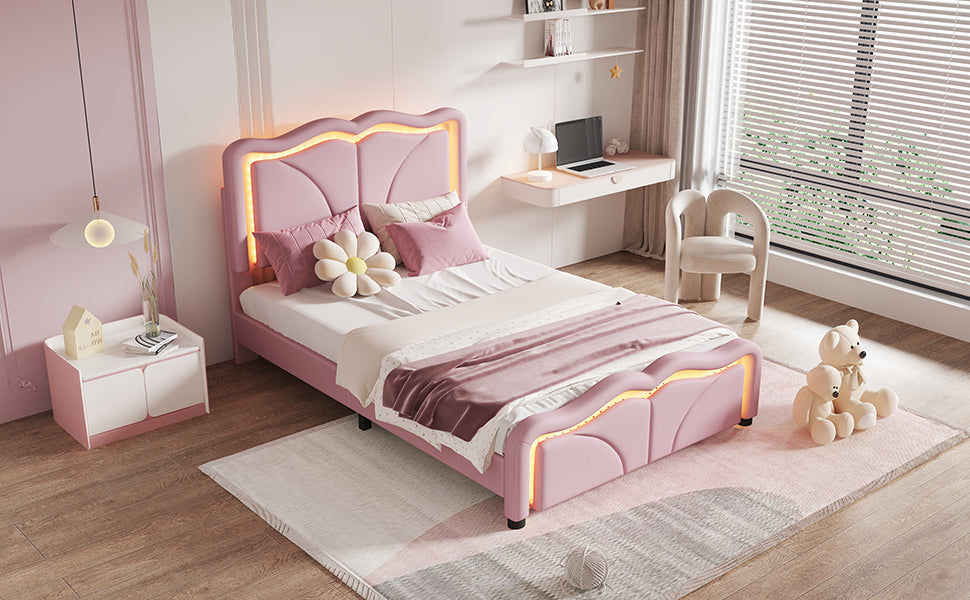 Twin Size Upholstered Platform Bed with Curve Shaped and Height-adjustbale Headboard,LED Light Strips,Pink