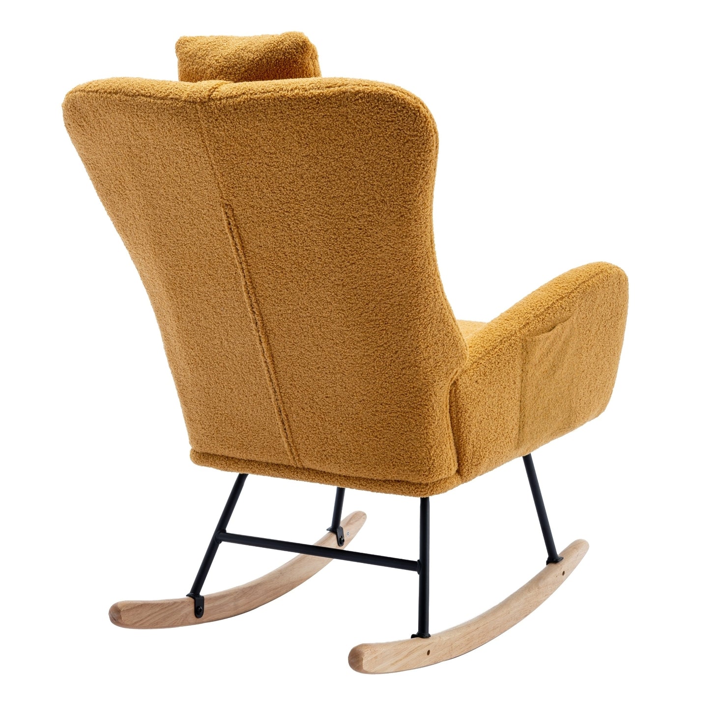 35.5 inch Rocking Chair with Pocket, Soft Teddy Fabric Rocking Chair for Nursery, Comfy Wingback Glider Rocker with Safe Solid Wood Base for Living Room Bedroom Balcony (TURMERIC)