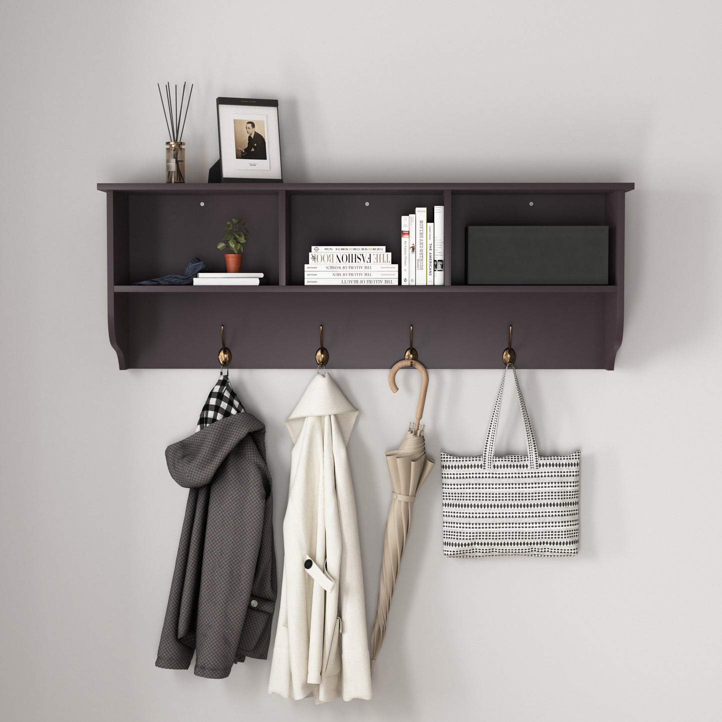 Espresso Wall Mounted Coat Rack with 4 Dual Hooks & Wooden Storage Shelf for Entryway & Living Room