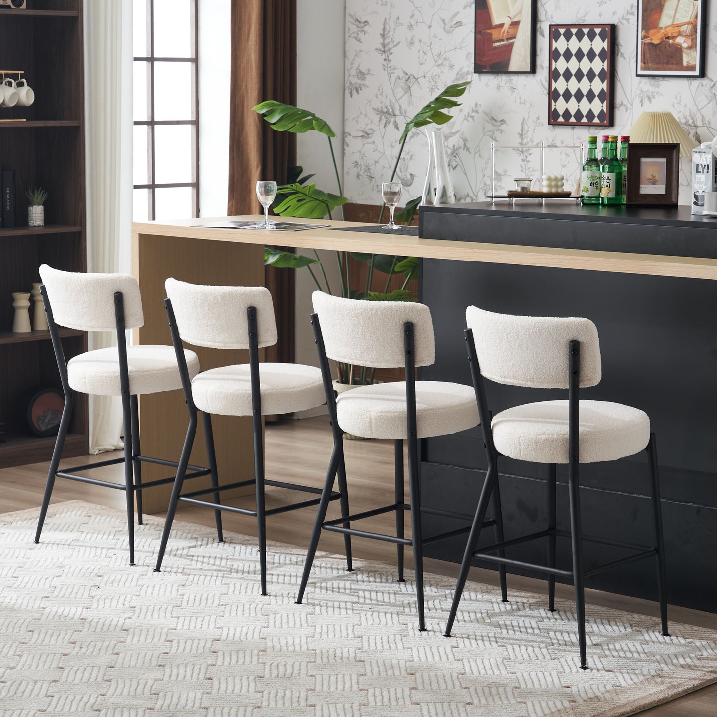 Beige Modern Teddy Fabric Bar Stools Set of 2 Stylish Metal Base High Seating for Kitchen Dining Living Room