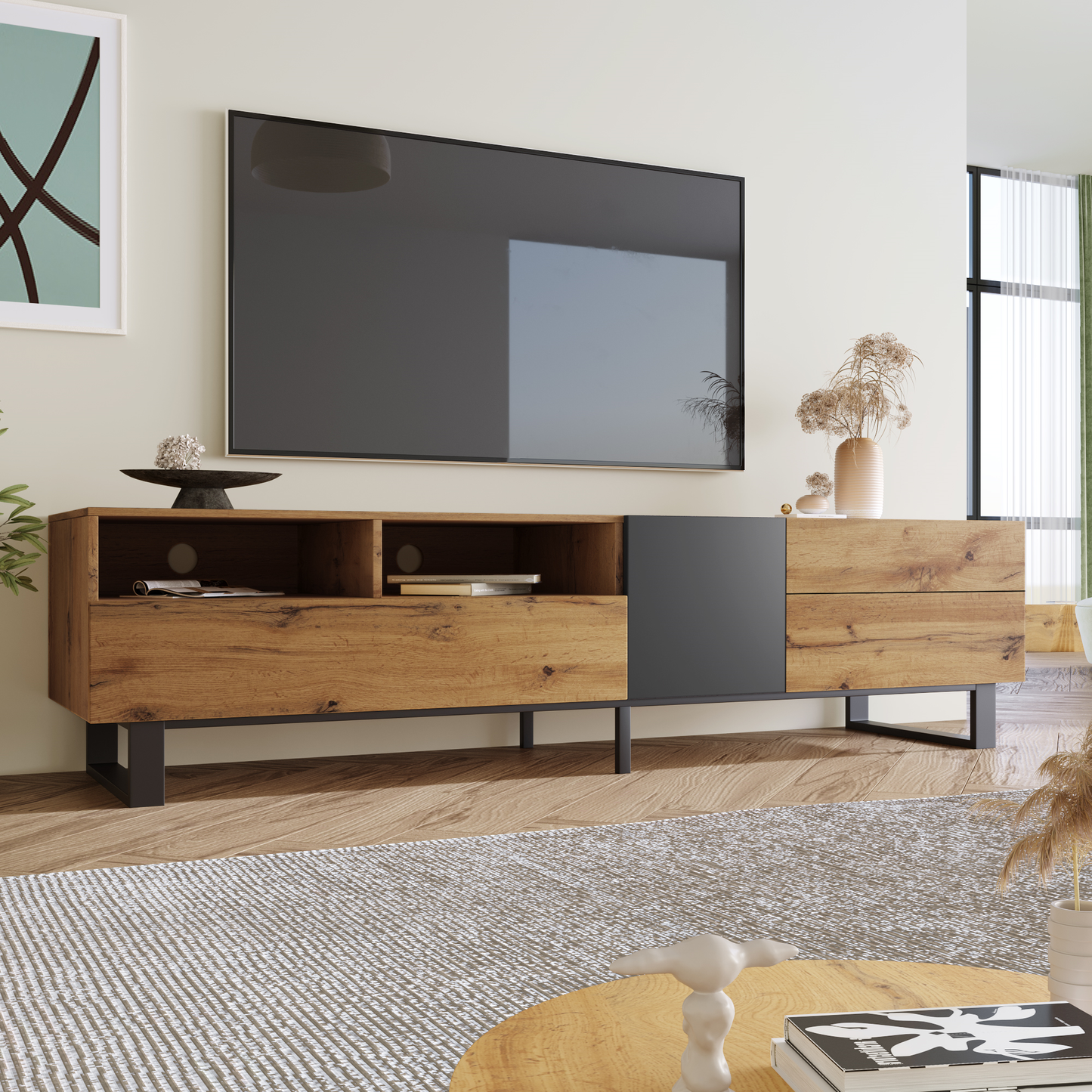 Elegant Modern TV Stand for 80 Inch TV with Double Storage Media Console Entertainment Center and Drop Down Door
