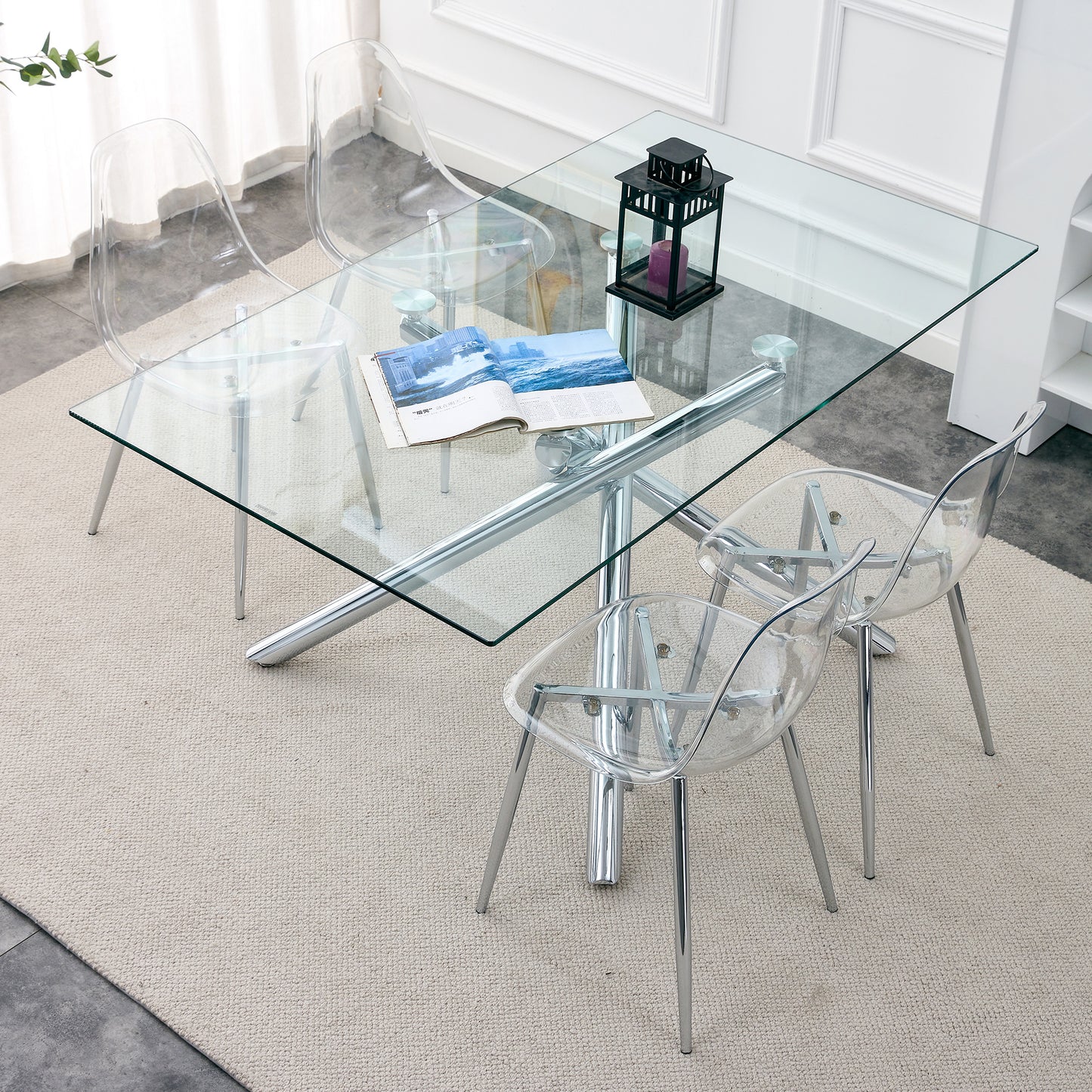 Modern Minimalist Transparent Dining Chair Set 6pcs Armless Nordic Makeup Stool with Silver Plated Metal Legs