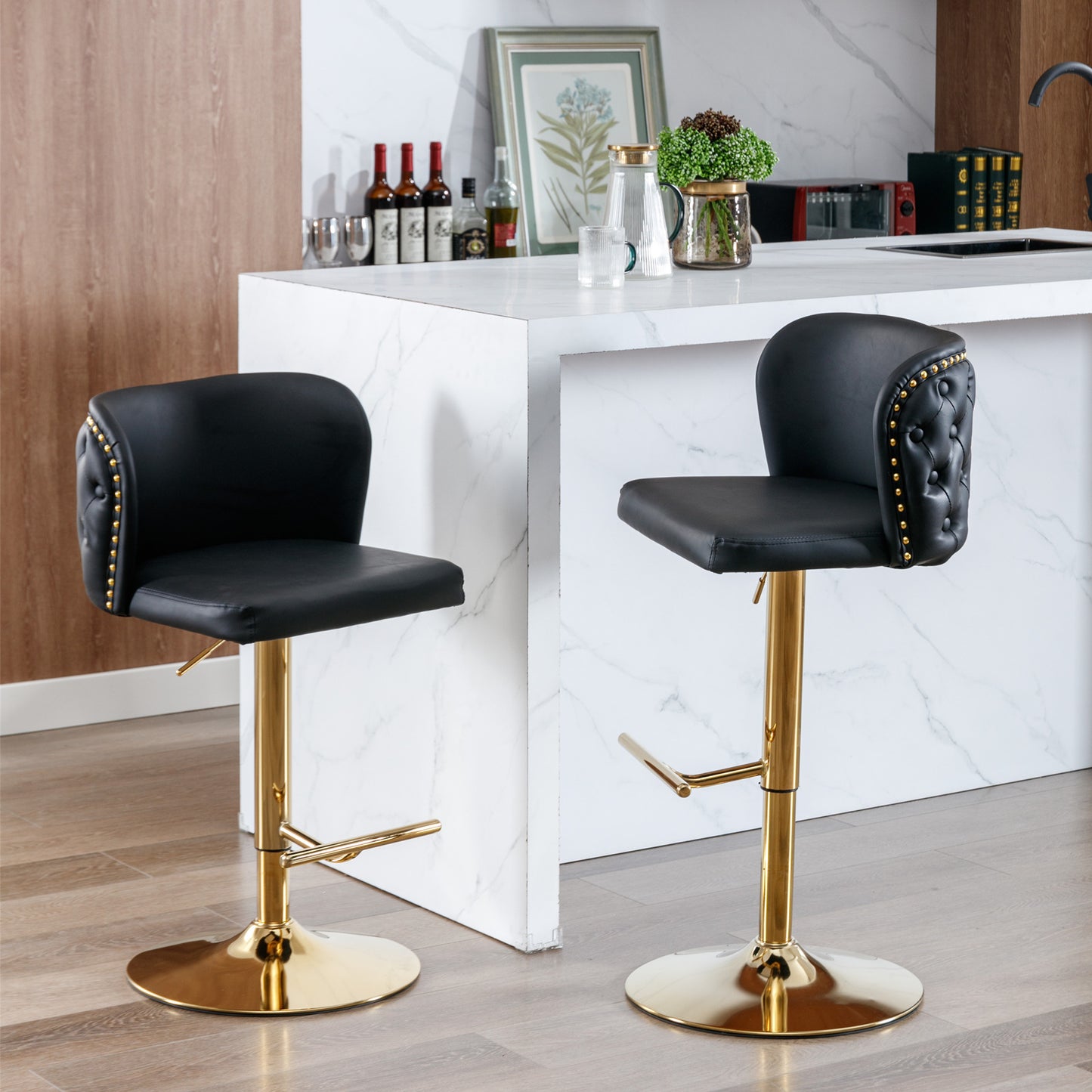 A&A Furniture,Swivel Barstools Adjusatble Seat Height, Modern PU Upholstered Bar Stools with the whole Back Tufted, for Home Pub and Kitchen Island(Black, Set of 2)