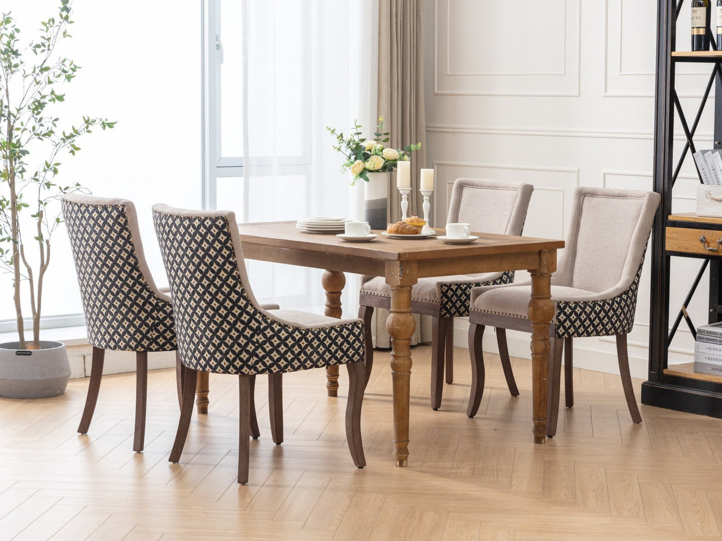 Ultra Side Dining Chairs Set of 2 Beige Thick Fabric with Solid Wood Legs and Bronze Nail Head