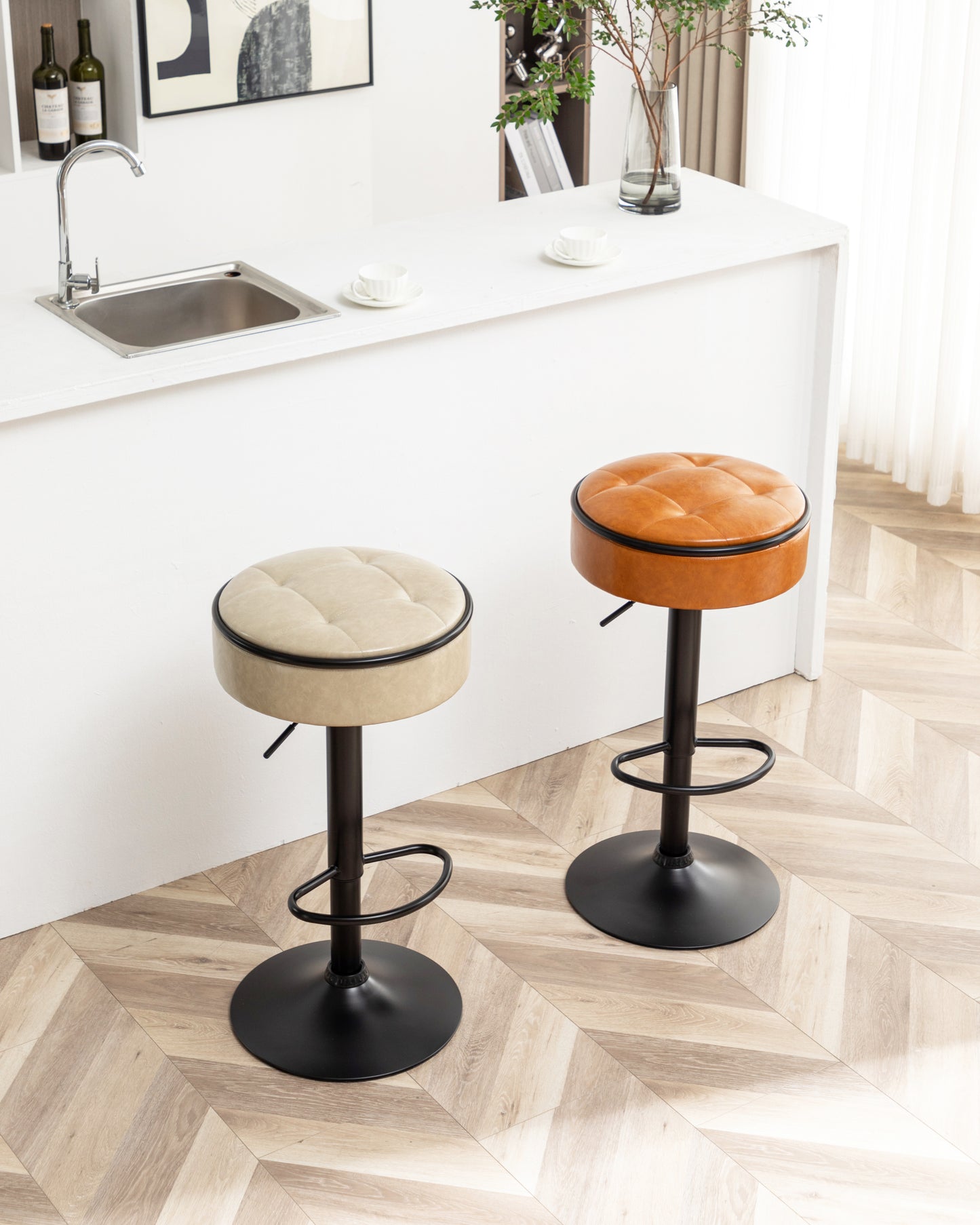 Khaki Faux Leather Adjustable Bar Stool Set of 2 360° Swivel Armless Counter Chairs with Metal Frame for Kitchen Dining Living Room