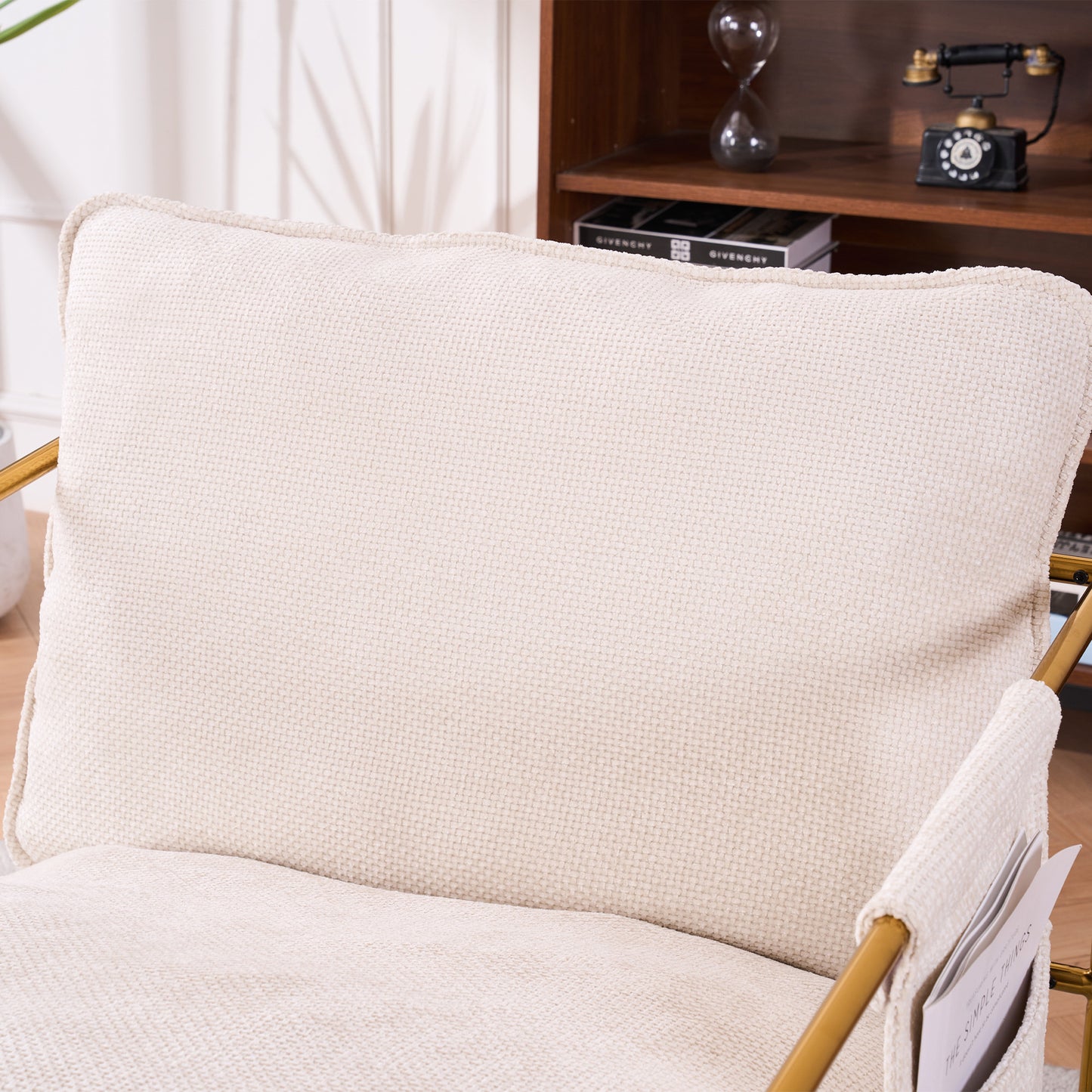 Beige Upholstered Hanging Armchair with Arm Pockets Metal Frame Gold-Plated Cushions for Living Room Bedroom
