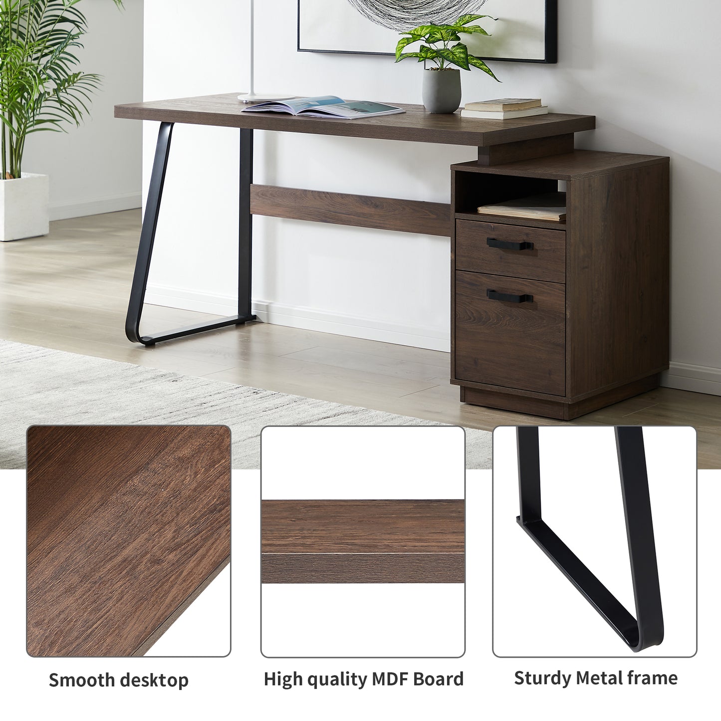 Home Office Computer Desk with Drawers and Hanging File Storage 65 Inch Writing Study Table for Workspace Organization