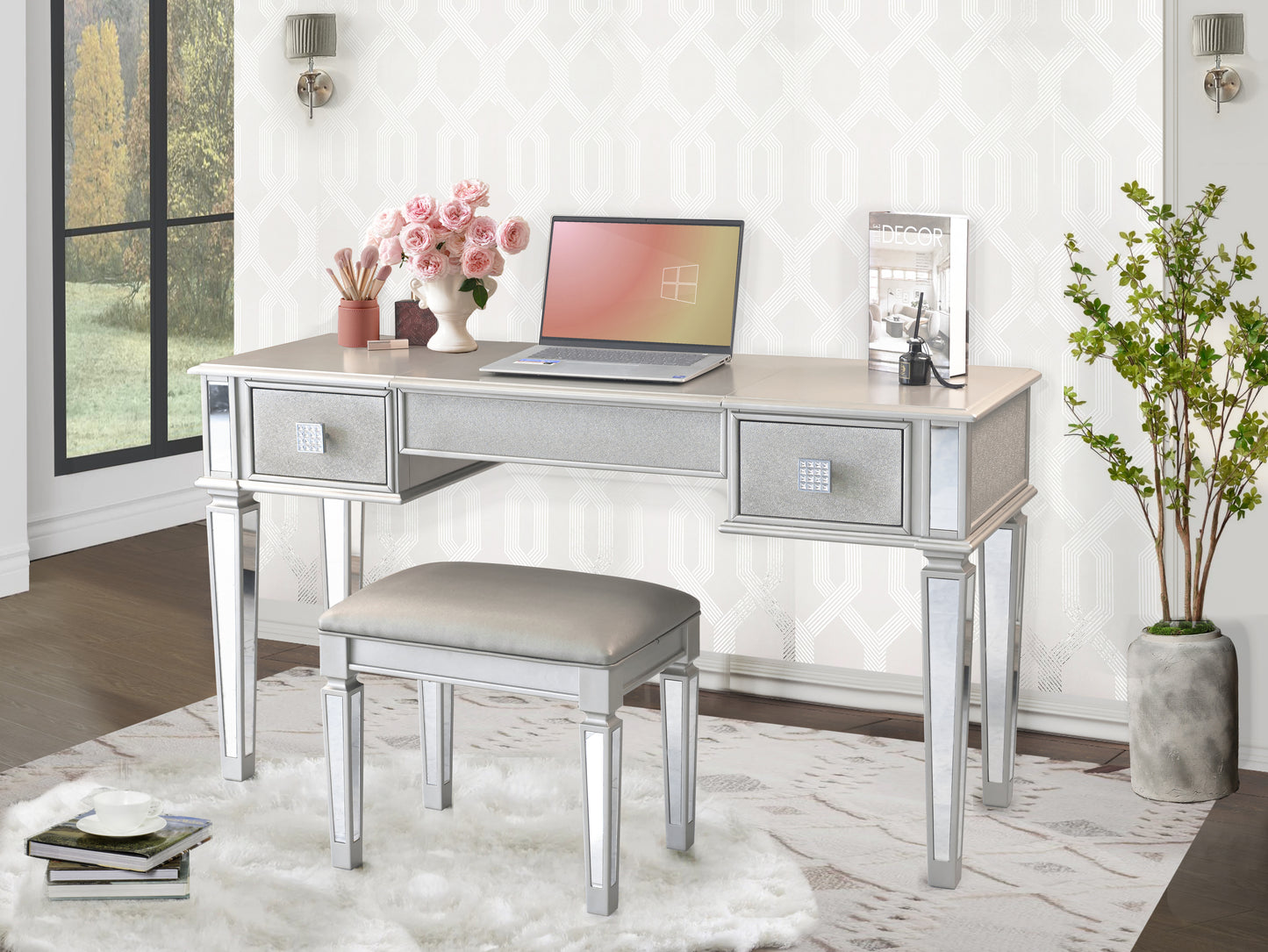 Mirrored Vanity Desk with Drawers and Stool, Flip Top Makeup Table Set for Bedroom, Stylish Dressing Table for Women and Girls