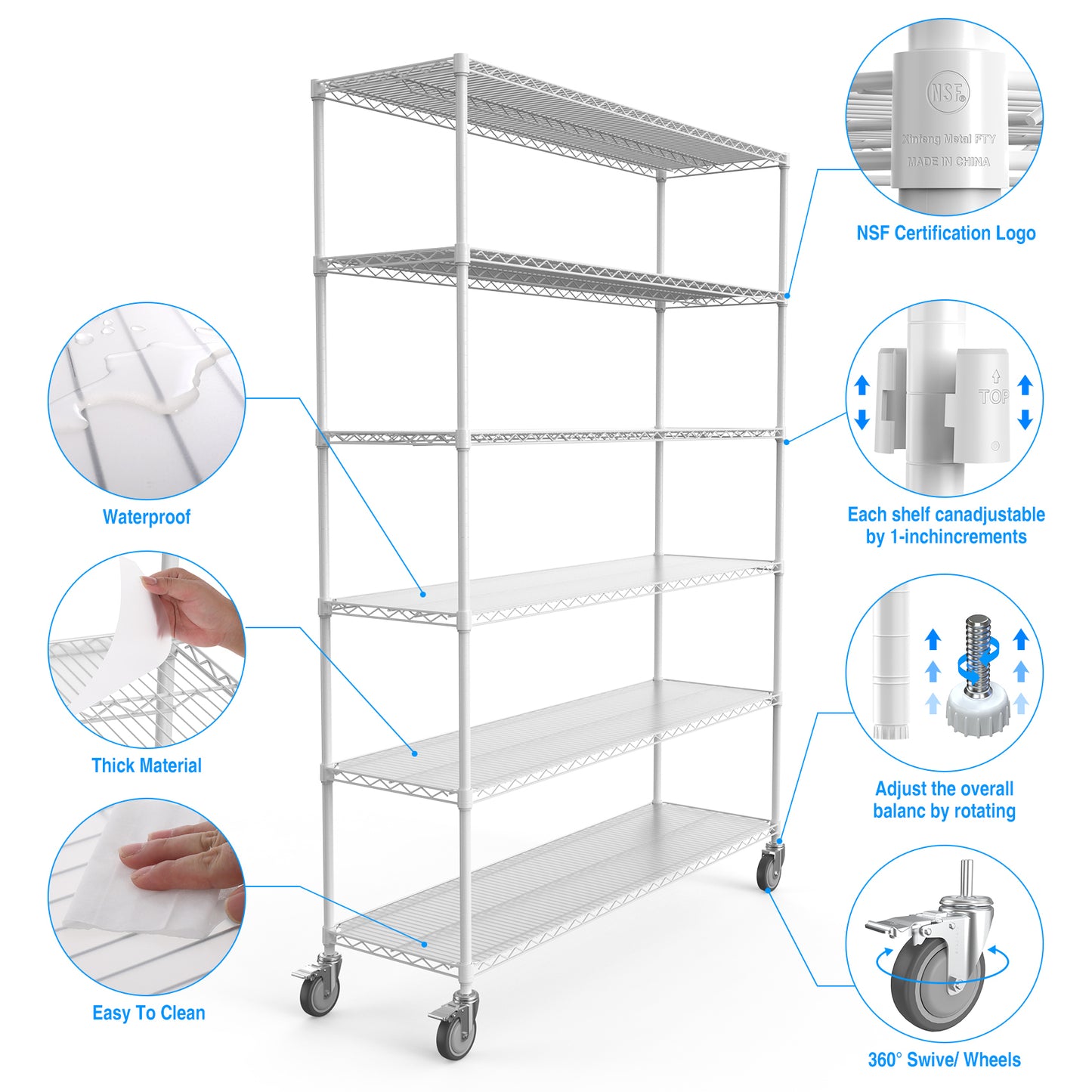6 Tier Wire Shelving Unit Heavy Duty Adjustable Metal Garage Storage Shelves with Wheels 6000 LBS Capacity White