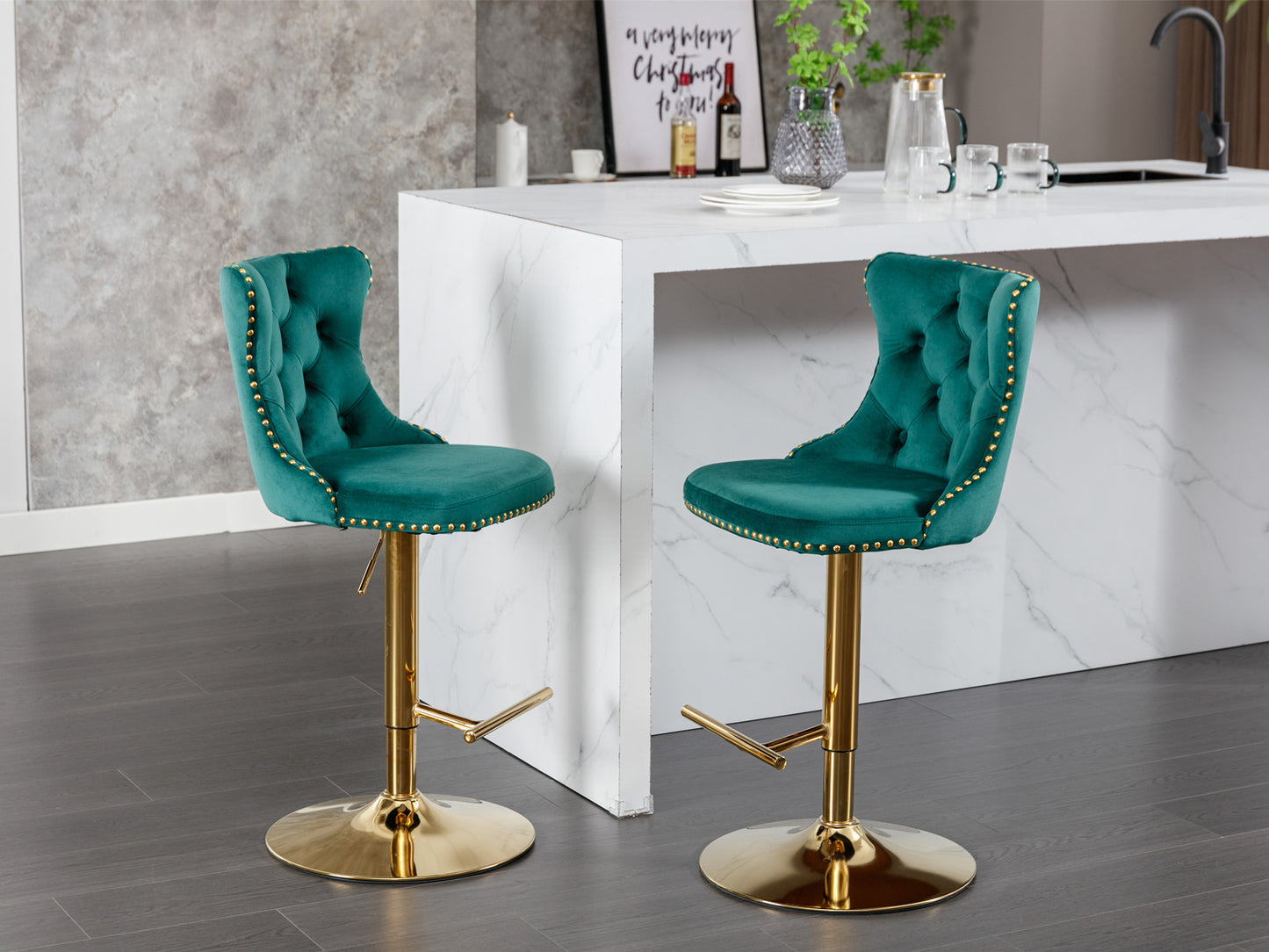 A&A Furniture,Golden Swivel Velvet Barstools Adjusatble Seat Height from 25-33 Inch, Modern Upholstered Bar Stools with Backs Comfortable Tufted for Home Pub and Kitchen Island(Green,Set of 2)