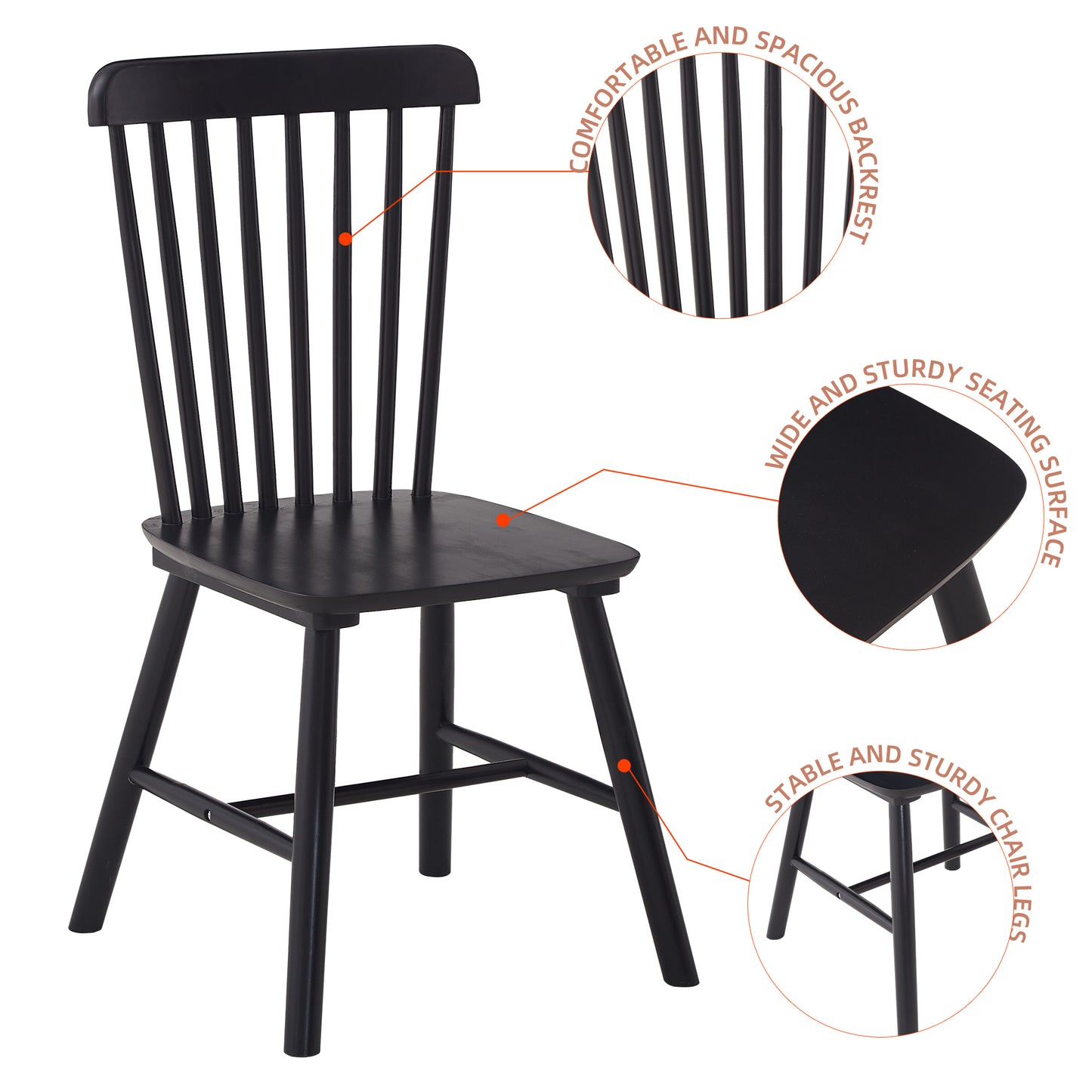Black Rubber Wood Dining Chairs Set of 4 Simple Natural Solid Wood Living Room Seating