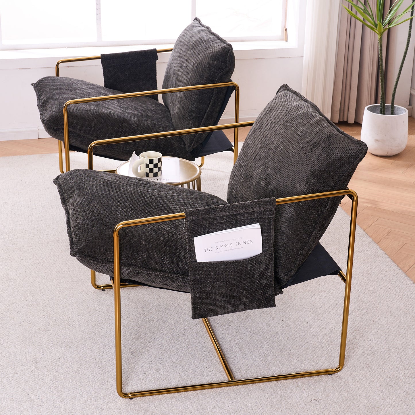 Dual Armchair Set in One Box Upholstered Hanging Chairs with Arm Pockets Metal Frame Dark Gray Crushed Foam Cushions for Living Room Bedroom