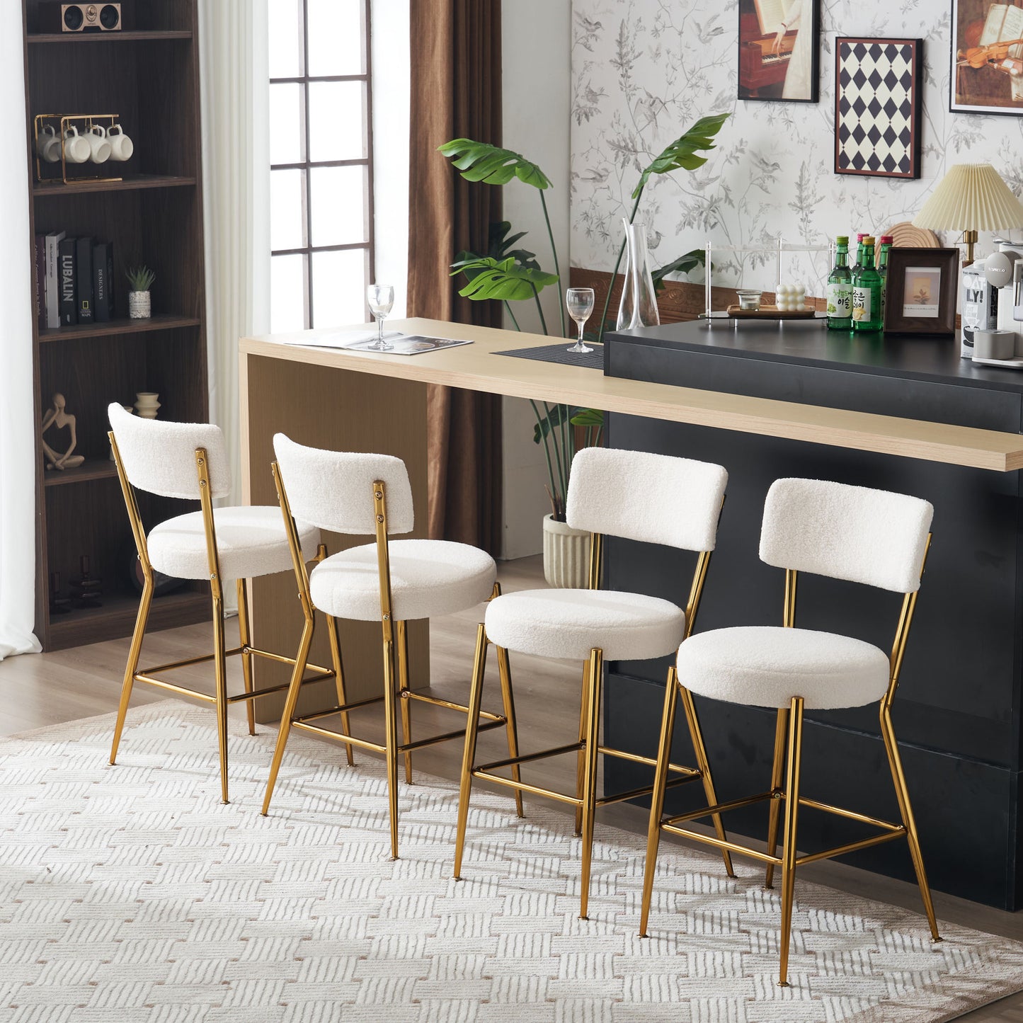 Set of 2 Modern Teddy Fabric Bar Stools with Metal Base - Beige Upholstered High Stools for Kitchen Dining Living Room