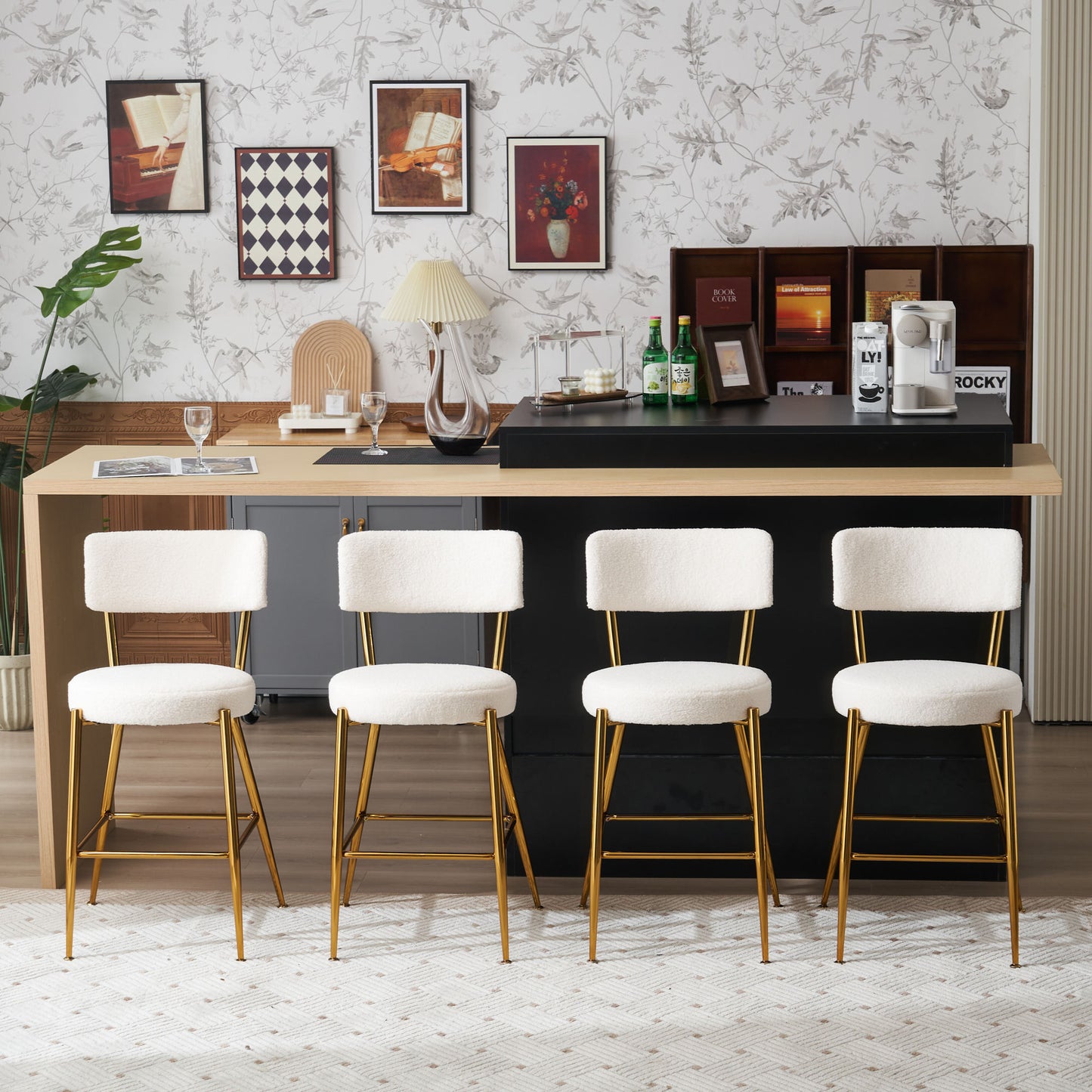 Set of 2 Modern Teddy Fabric Bar Stools with Metal Base - Beige Upholstered High Stools for Kitchen Dining Living Room