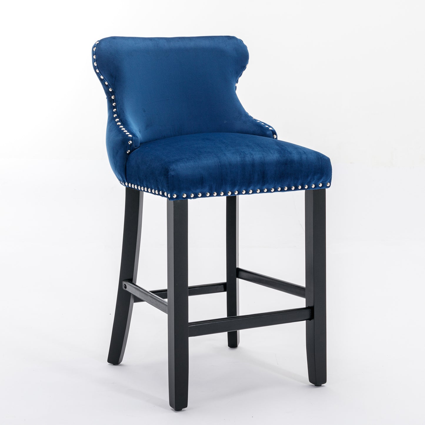 Contemporary Blue Velvet Wing-Back Barstools with Tufted Design and Wooden Legs Set of 2