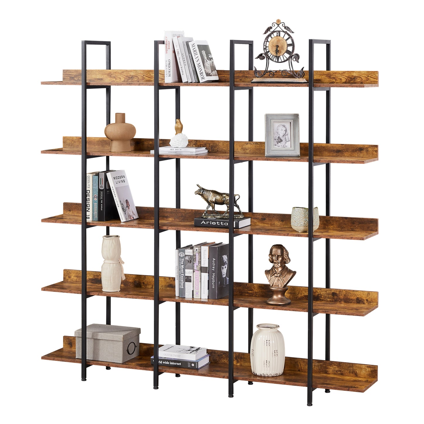 5 Tier Open Bookshelf Vintage Industrial Style Metal Frame MDF Board Home Office Storage Shelf