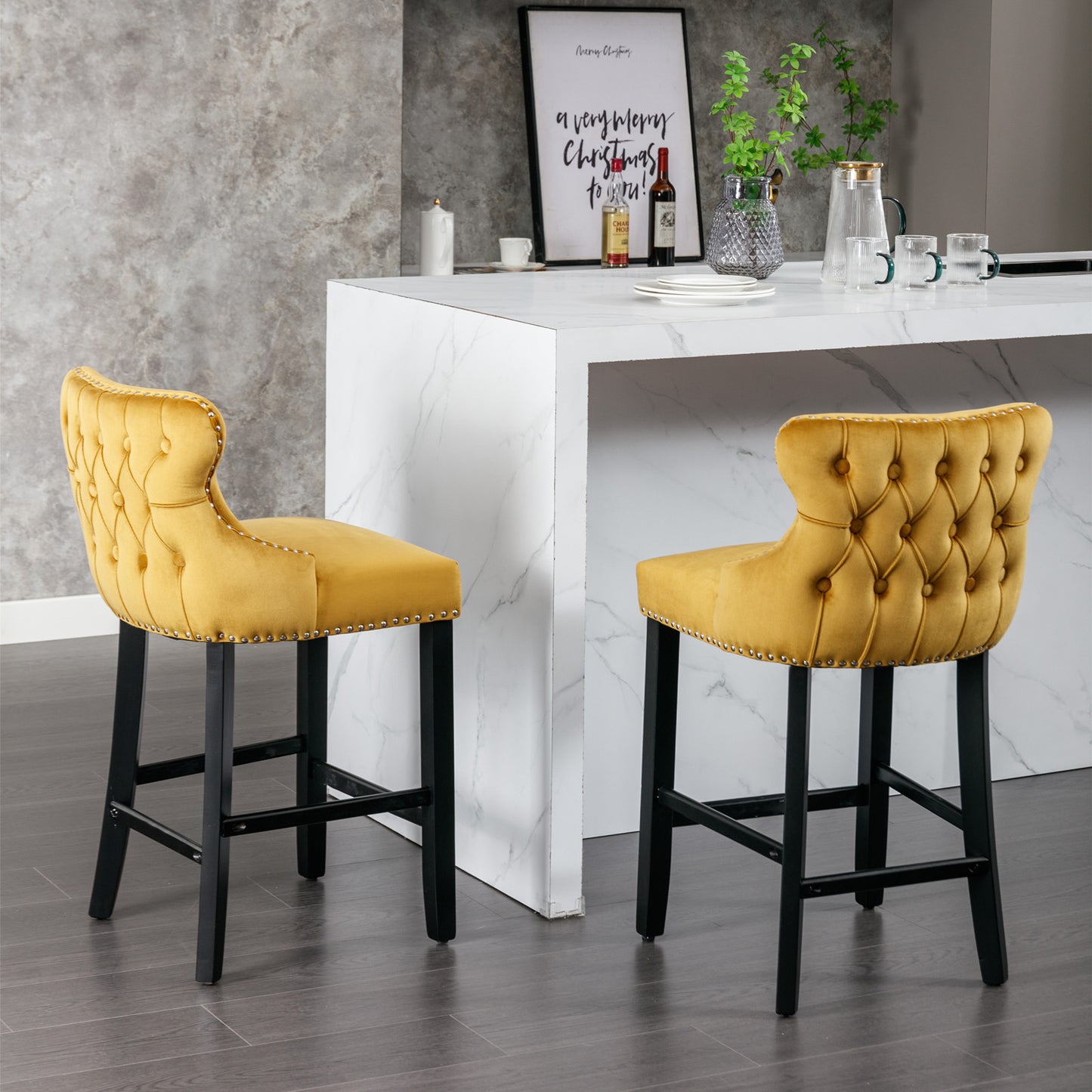 Gold Velvet Wing-Back Barstools with Button Tufting and Chrome Nailhead Trim Set of 2