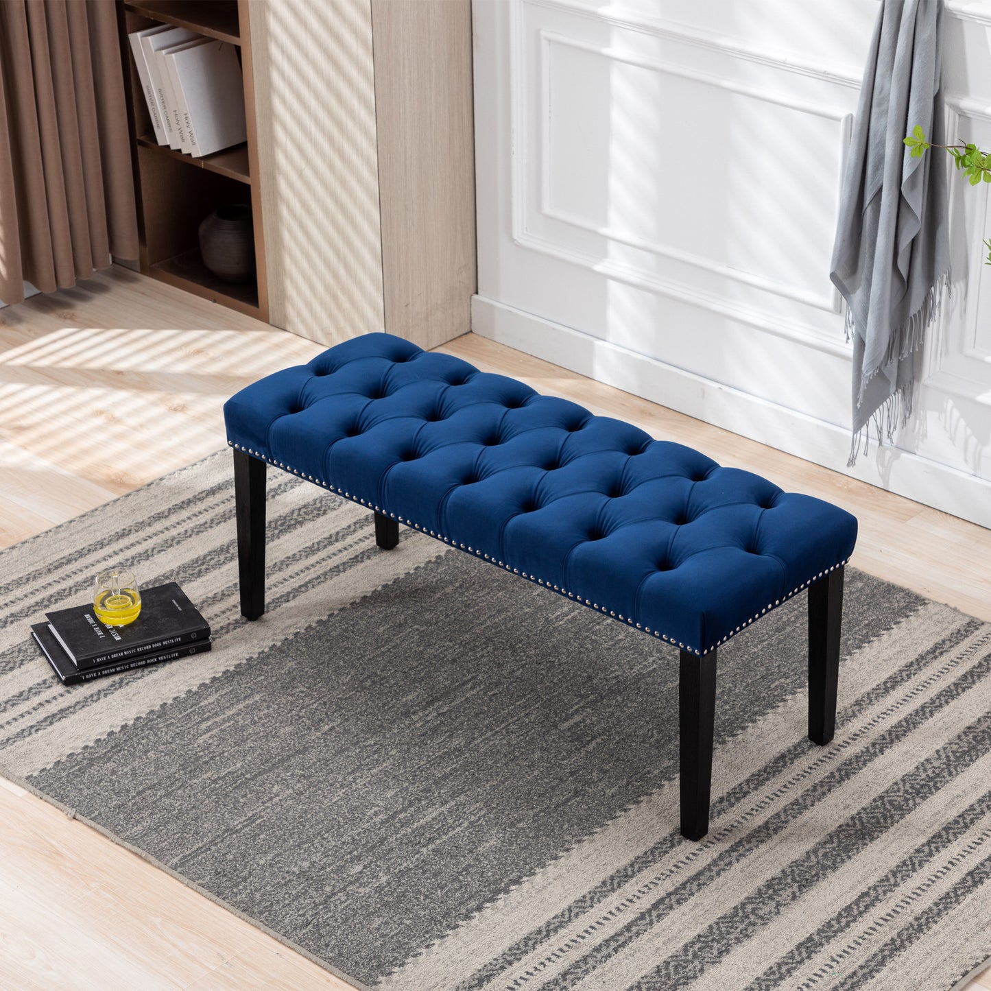 Heng Ming Upholstered Tufted Bench Ottoman , Velvet Dining Bench Bedroom Bench Footrest Stool Accent Bench for Entryway Dining Room Living Room, Blue