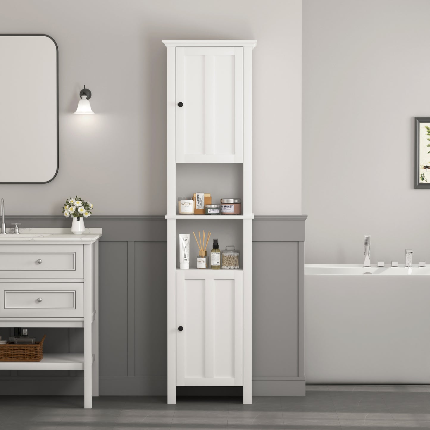 Bathroom Floor Storage Cabinet with 2 Doors, Wooden Living Room Cabinet with 6 Shelves, Space-Saving Organizer 15.75x11.81x66.93