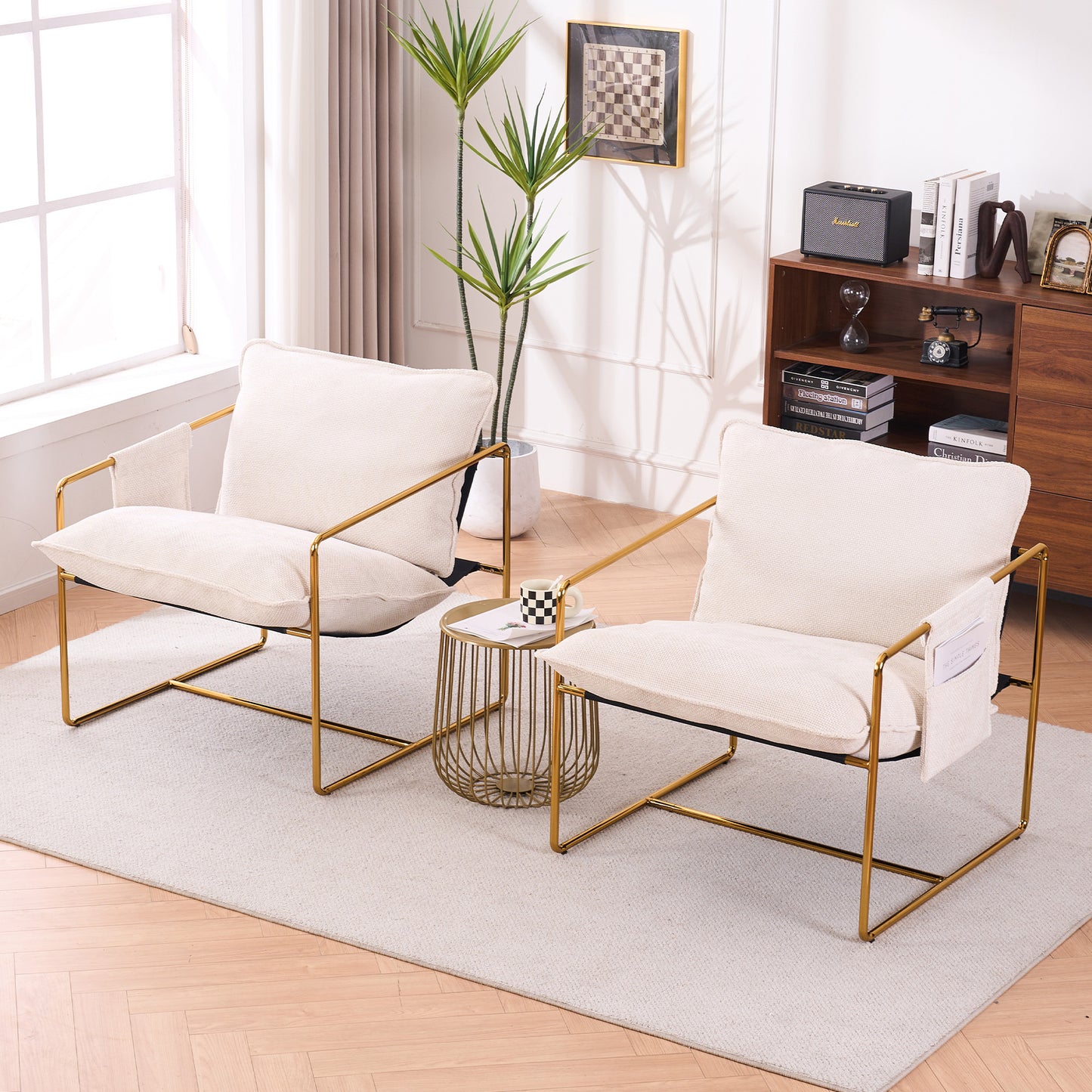Beige Upholstered Hanging Armchair with Arm Pockets Metal Frame Gold-Plated Cushions for Living Room Bedroom