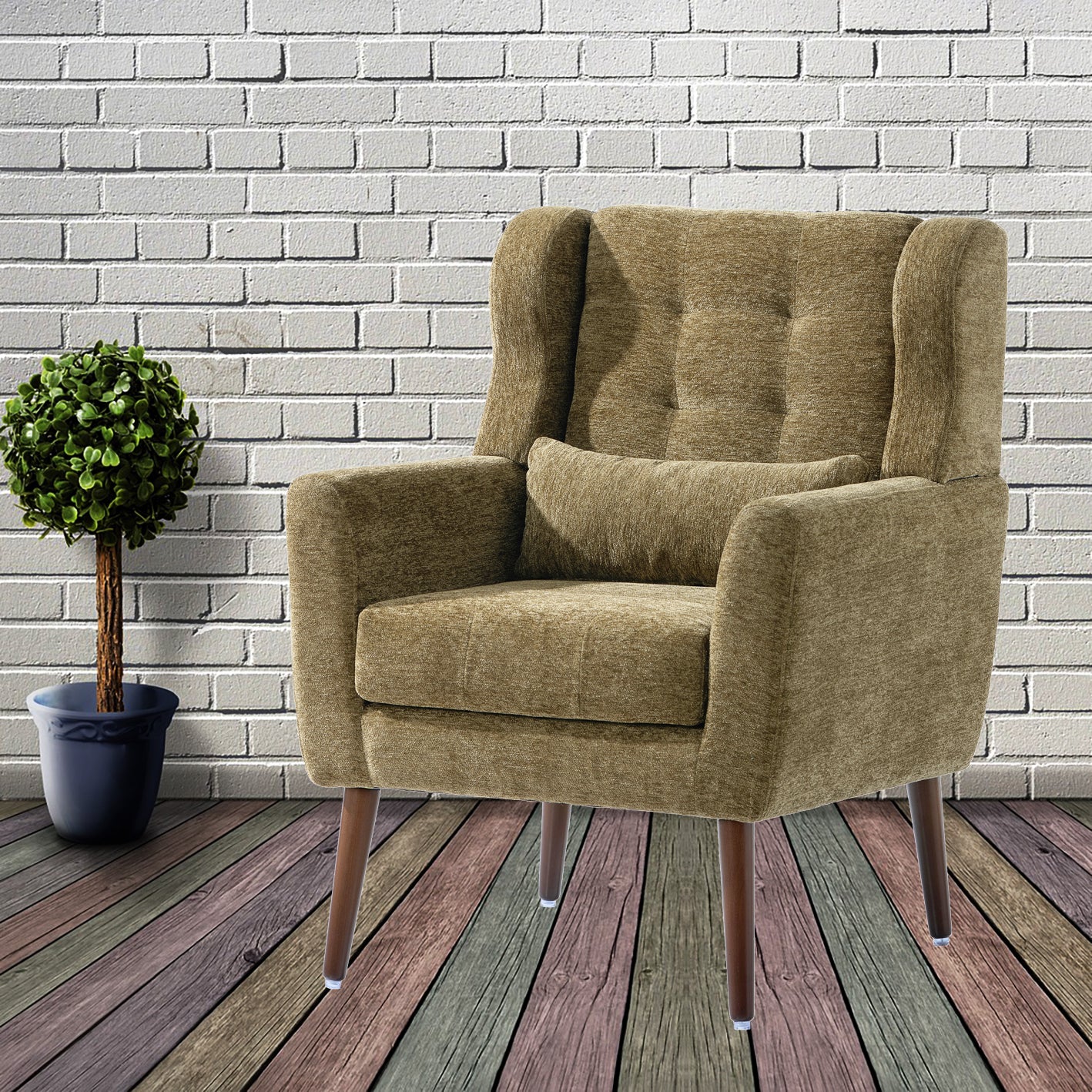 Olive Green Chenille Accent Chair for Living Room Modern Upholstered Armchair with Pillow and Solid Wood Legs