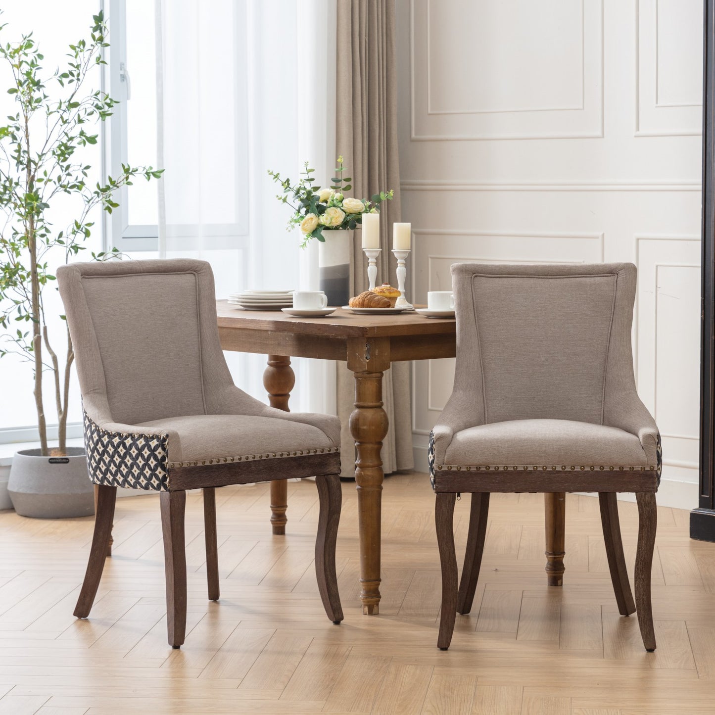 Ultra Side Dining Chairs Set of 2 Beige Thick Fabric with Solid Wood Legs and Bronze Nail Head