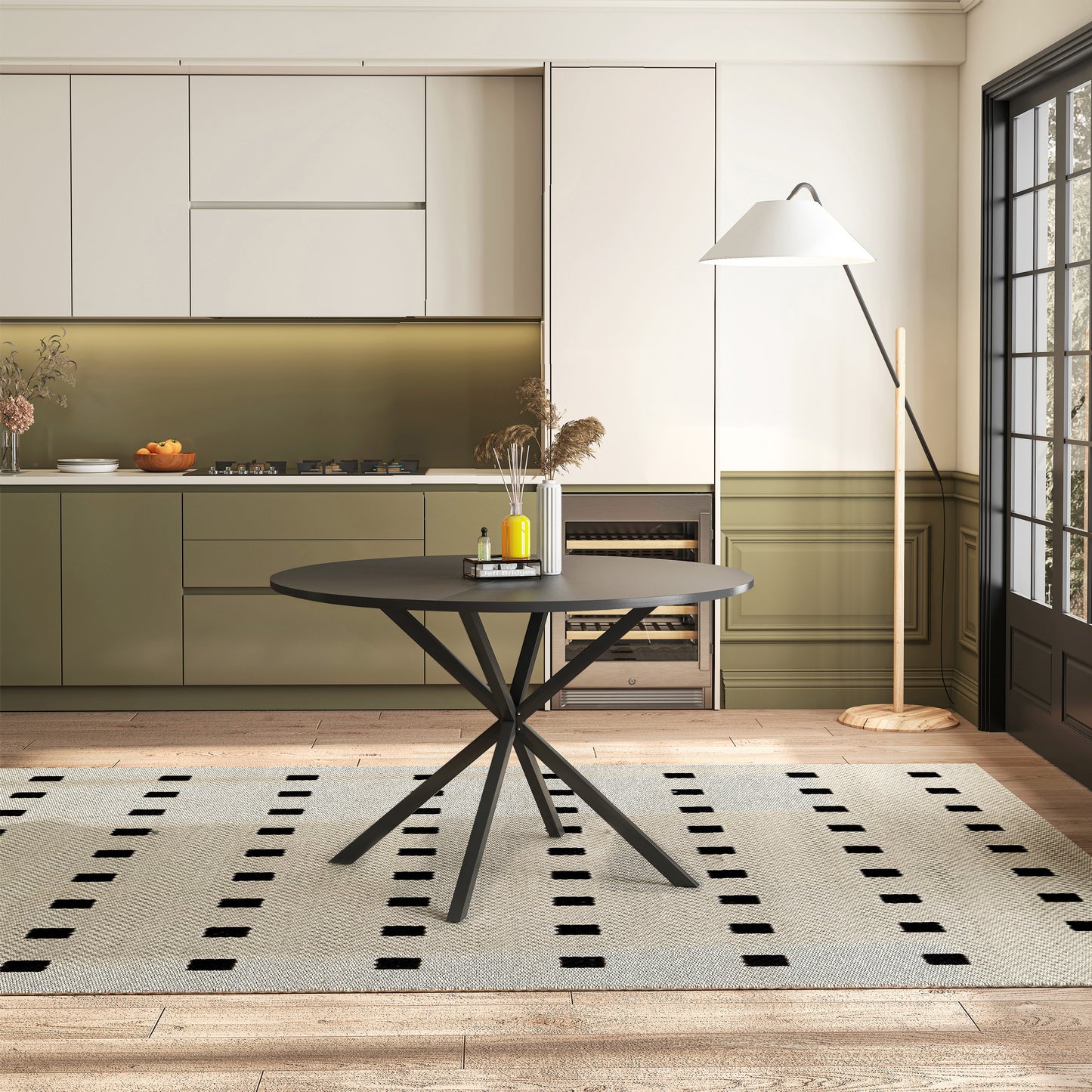 47.24'' Modern Cross Leg Round Dining Table, Black Top Occasional Table, Two Piece Removable Top, Matte Finish Iron Legs