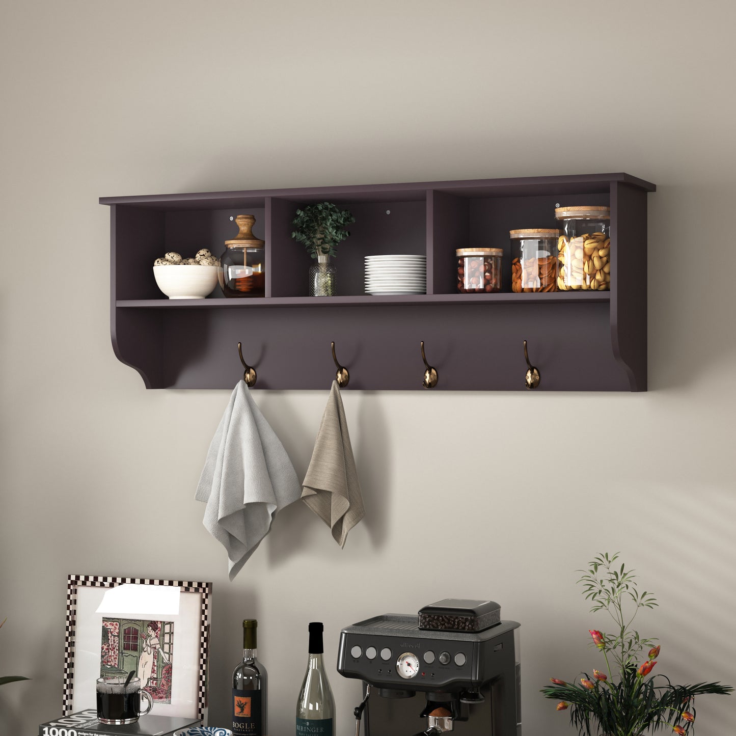Espresso Wall Mounted Coat Rack with 4 Dual Hooks & Wooden Storage Shelf for Entryway & Living Room