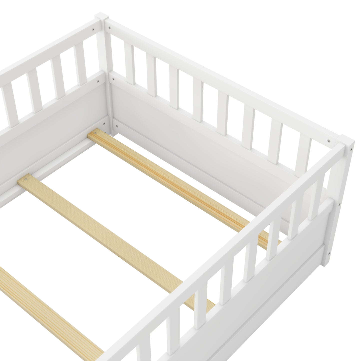 Montessori Twin Size Floor Bed with High Security Barrier and Door for Kids
