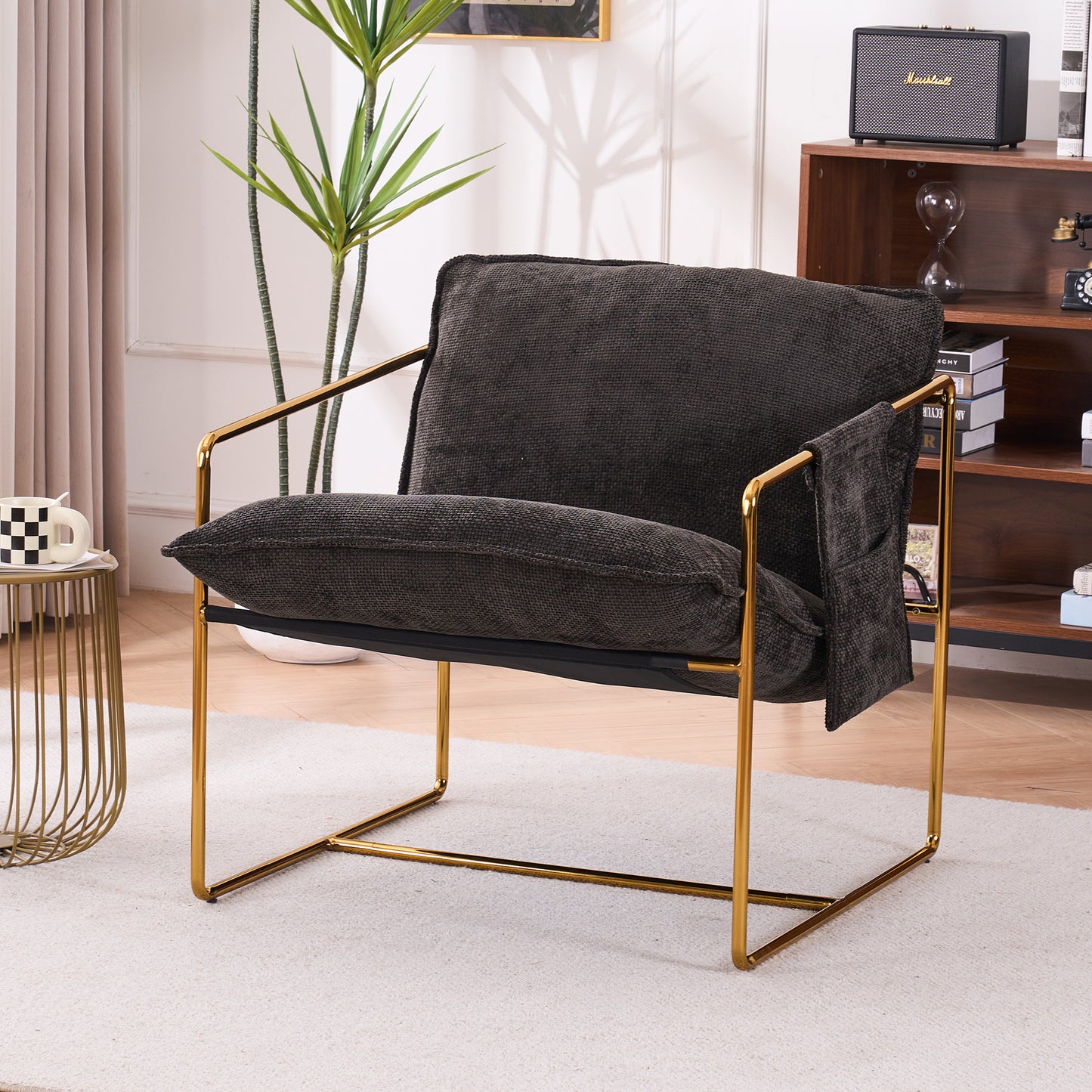 Dual Armchair Set in One Box Upholstered Hanging Chairs with Arm Pockets Metal Frame Dark Gray Crushed Foam Cushions for Living Room Bedroom