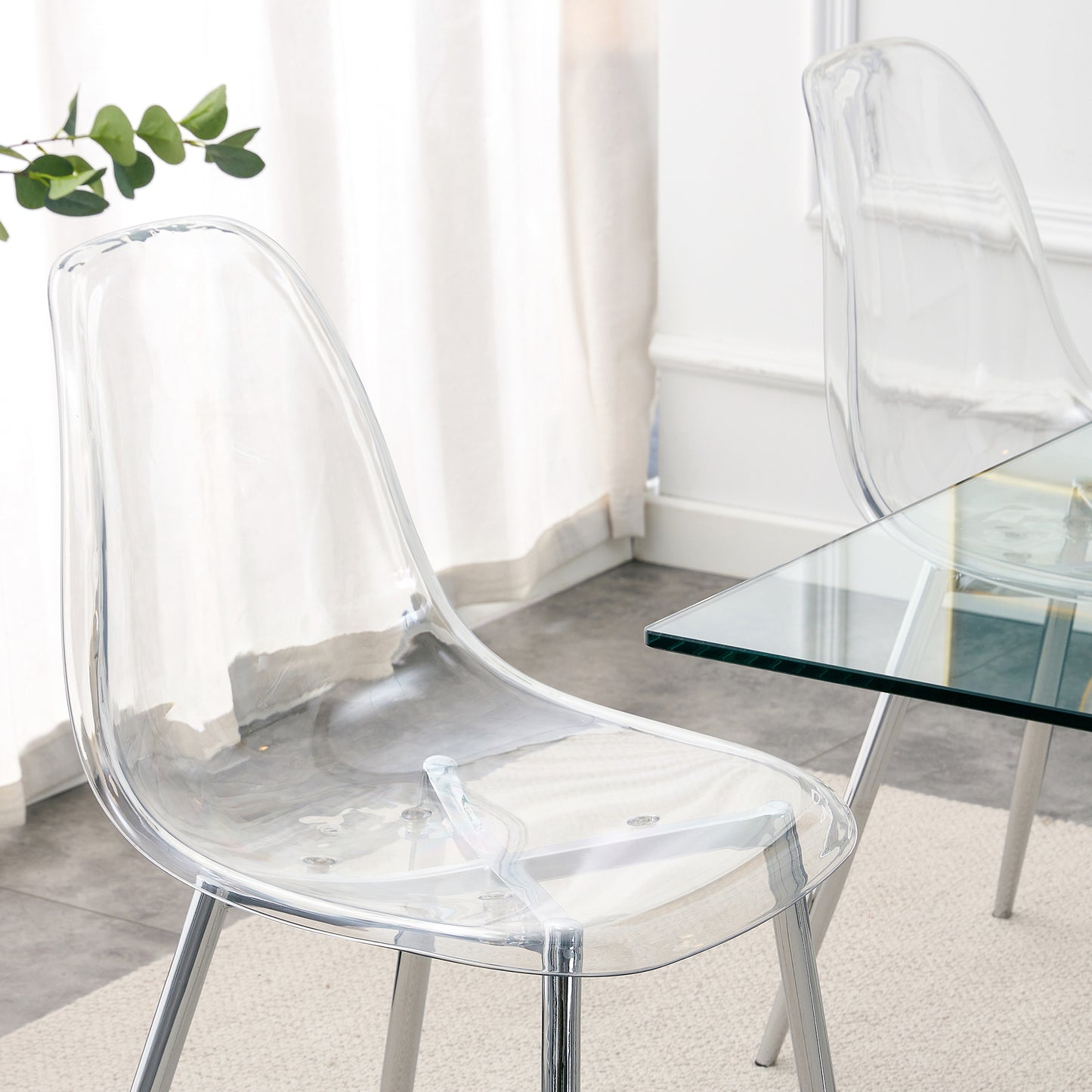 Modern Minimalist Transparent Dining Chair Set 6pcs Armless Nordic Makeup Stool with Silver Plated Metal Legs