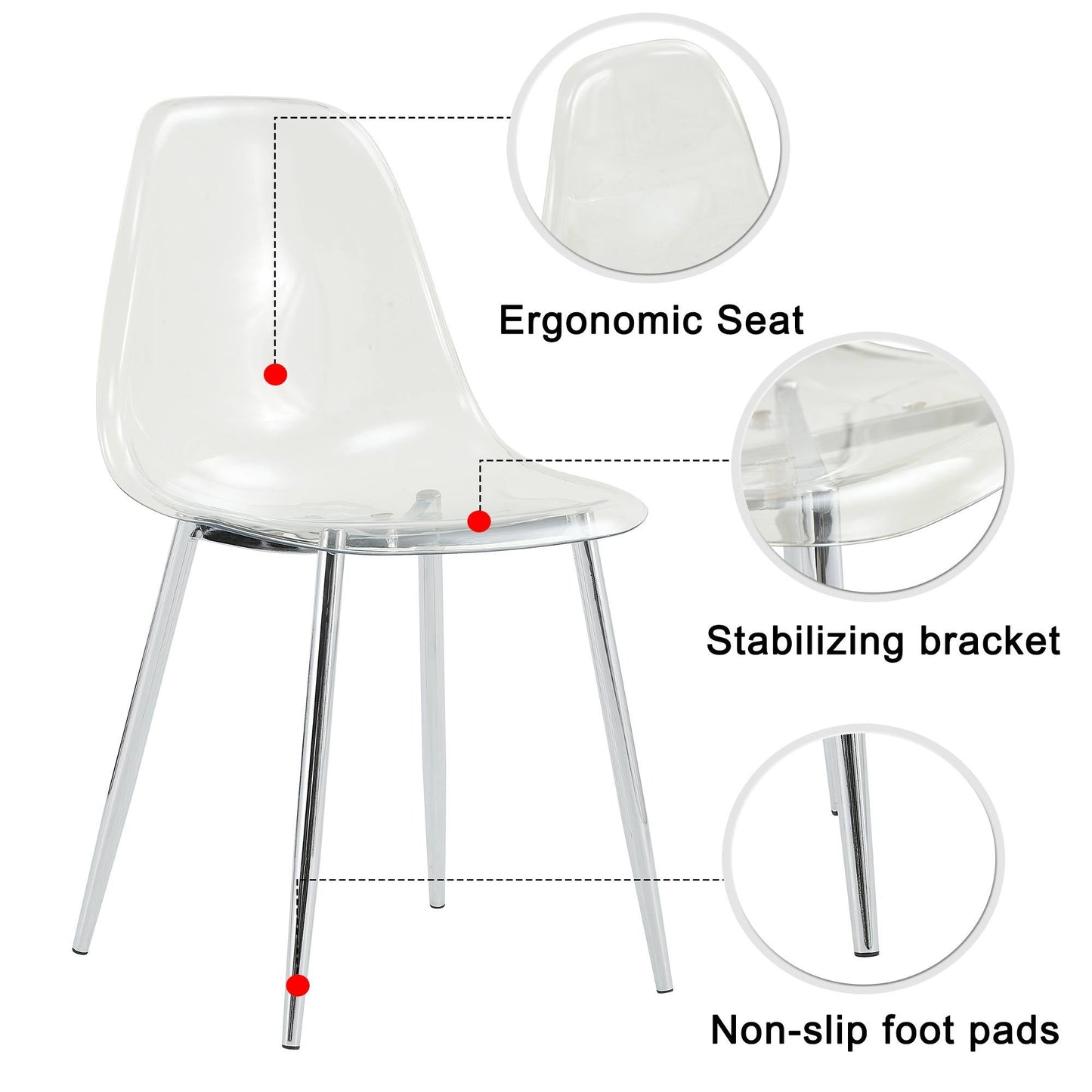Modern Minimalist Transparent Dining Chair Set 6pcs Armless Nordic Makeup Stool with Silver Plated Metal Legs