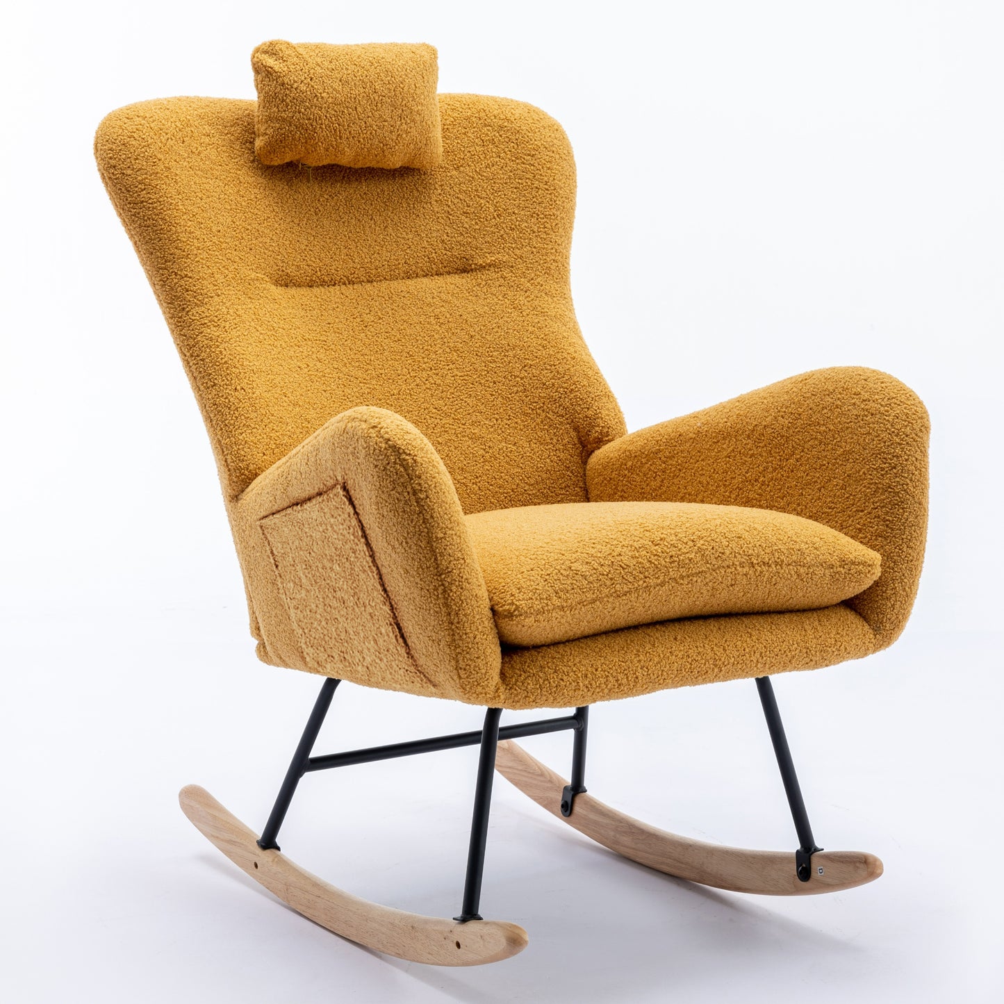 35.5 inch Rocking Chair with Pocket, Soft Teddy Fabric Rocking Chair for Nursery, Comfy Wingback Glider Rocker with Safe Solid Wood Base for Living Room Bedroom Balcony (TURMERIC)