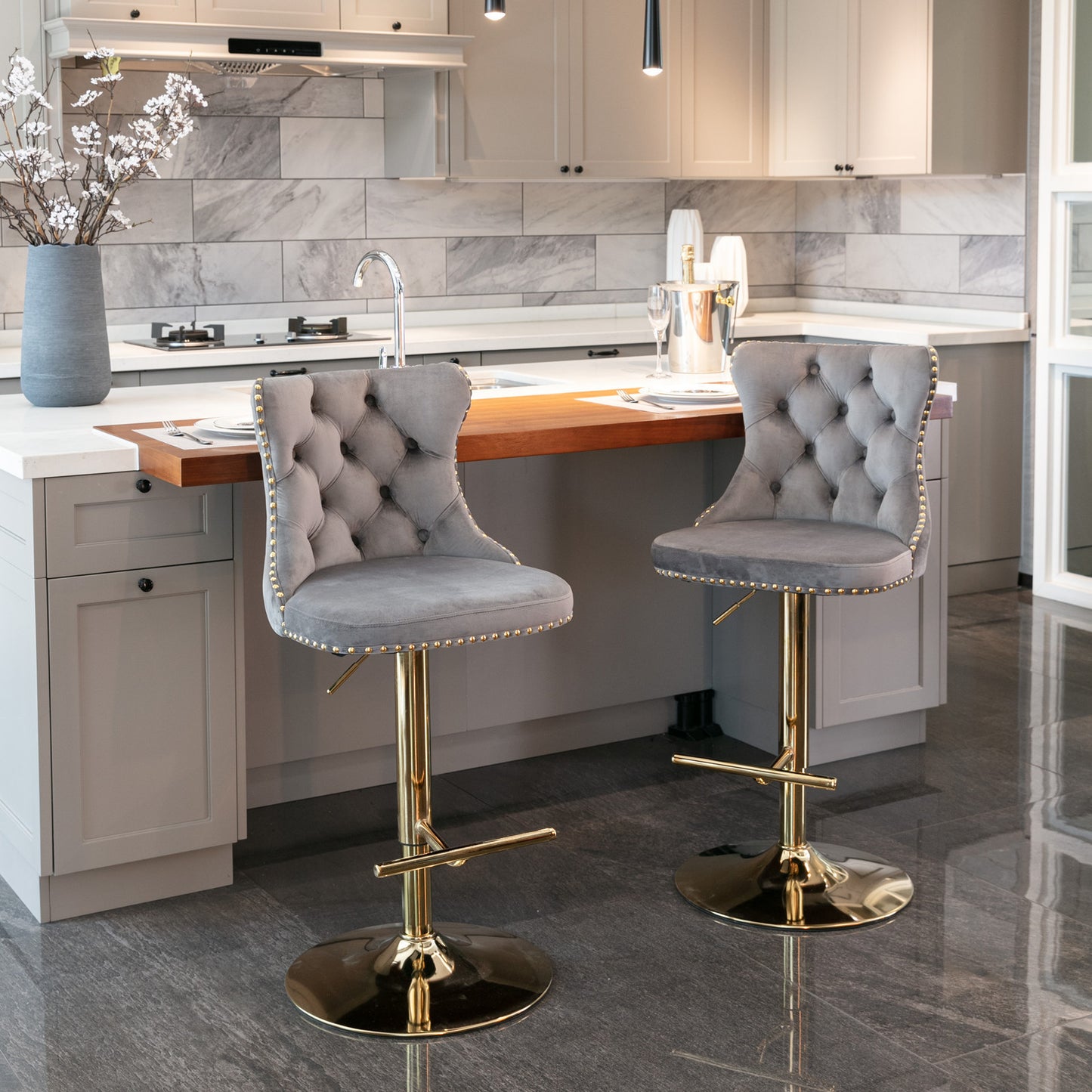 A&A Furniture,Golden Swivel Velvet Barstools Adjusatble Seat Height from 25-33 Inch, Modern Upholstered Bar Stools with Backs Comfortable Tufted for Home Pub and Kitchen Island(Gray,Set of 2)